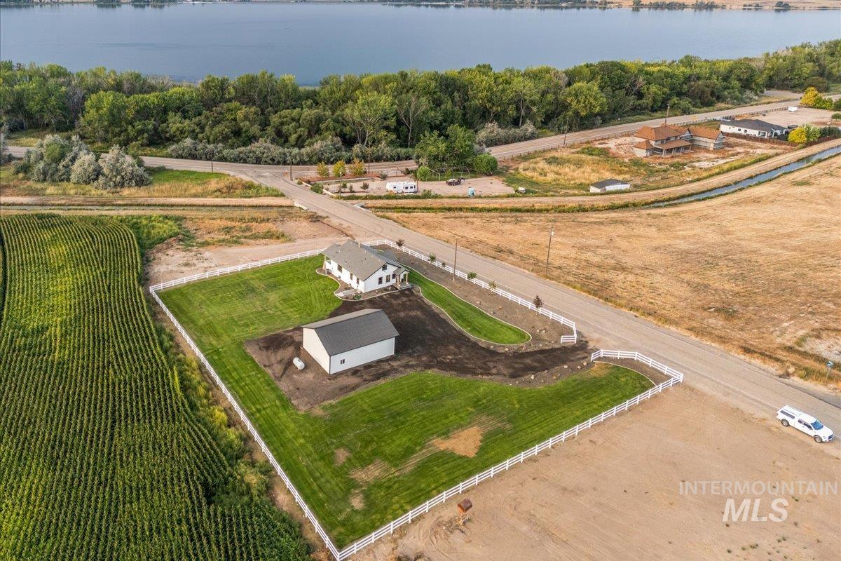 Aerial view of a nearby body of water