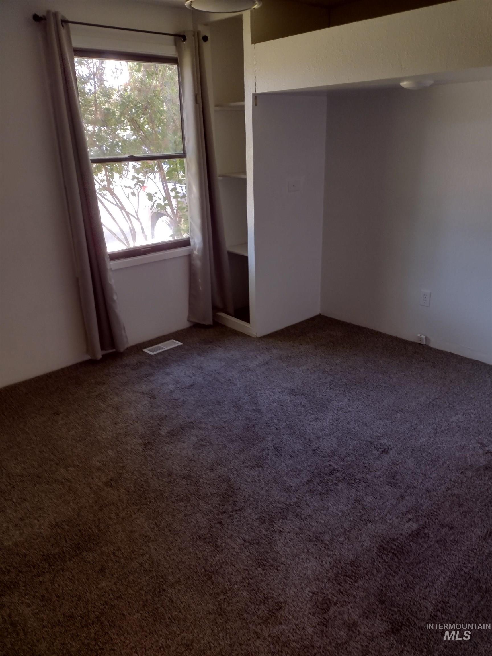 Empty room with dark colored carpet