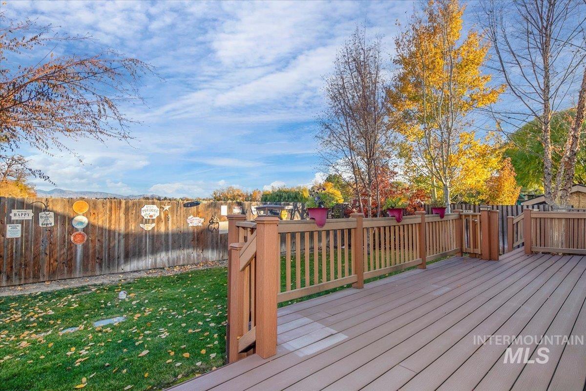 Wooden deck with a fenced backyard