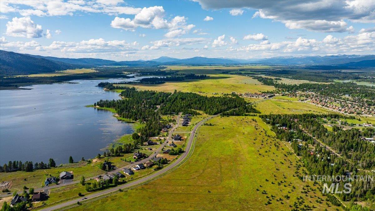 Aerial view of a water and mountain view