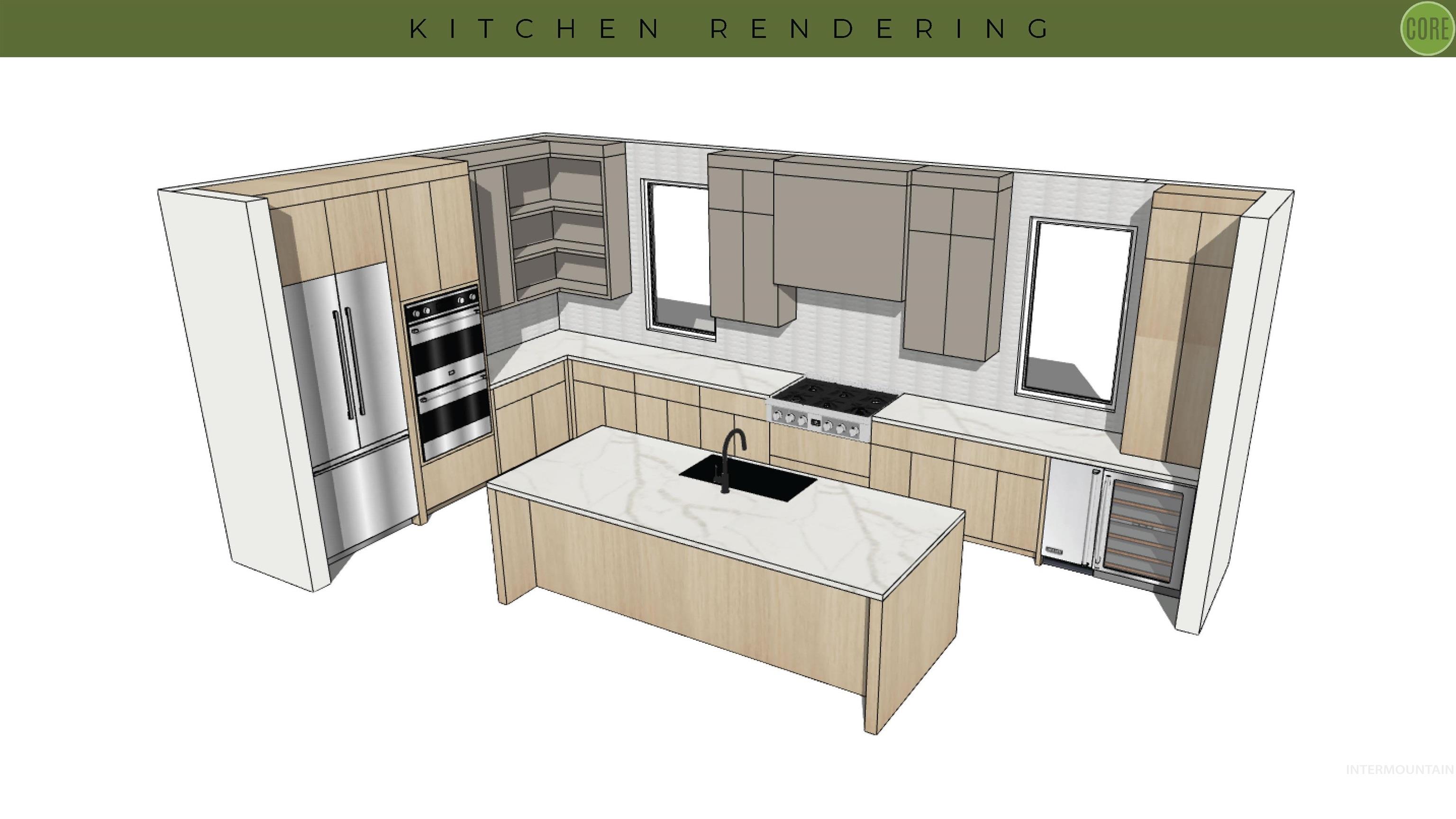 Kitchen with modern cabinets, light brown cabinets, light stone countertops, stainless steel appliances, and an island with sink