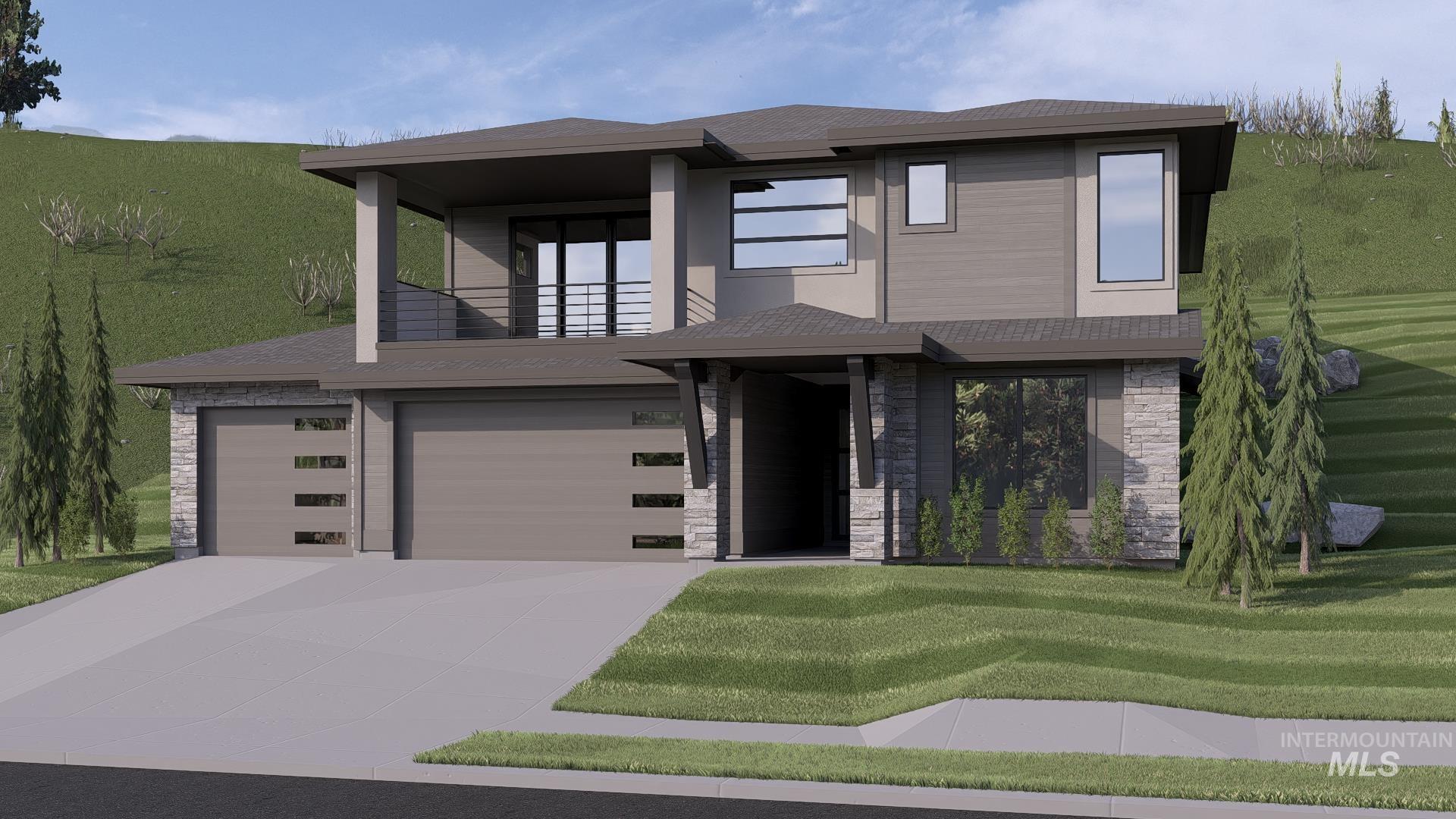 Contemporary house with a balcony, a front lawn, stone siding, and a garage