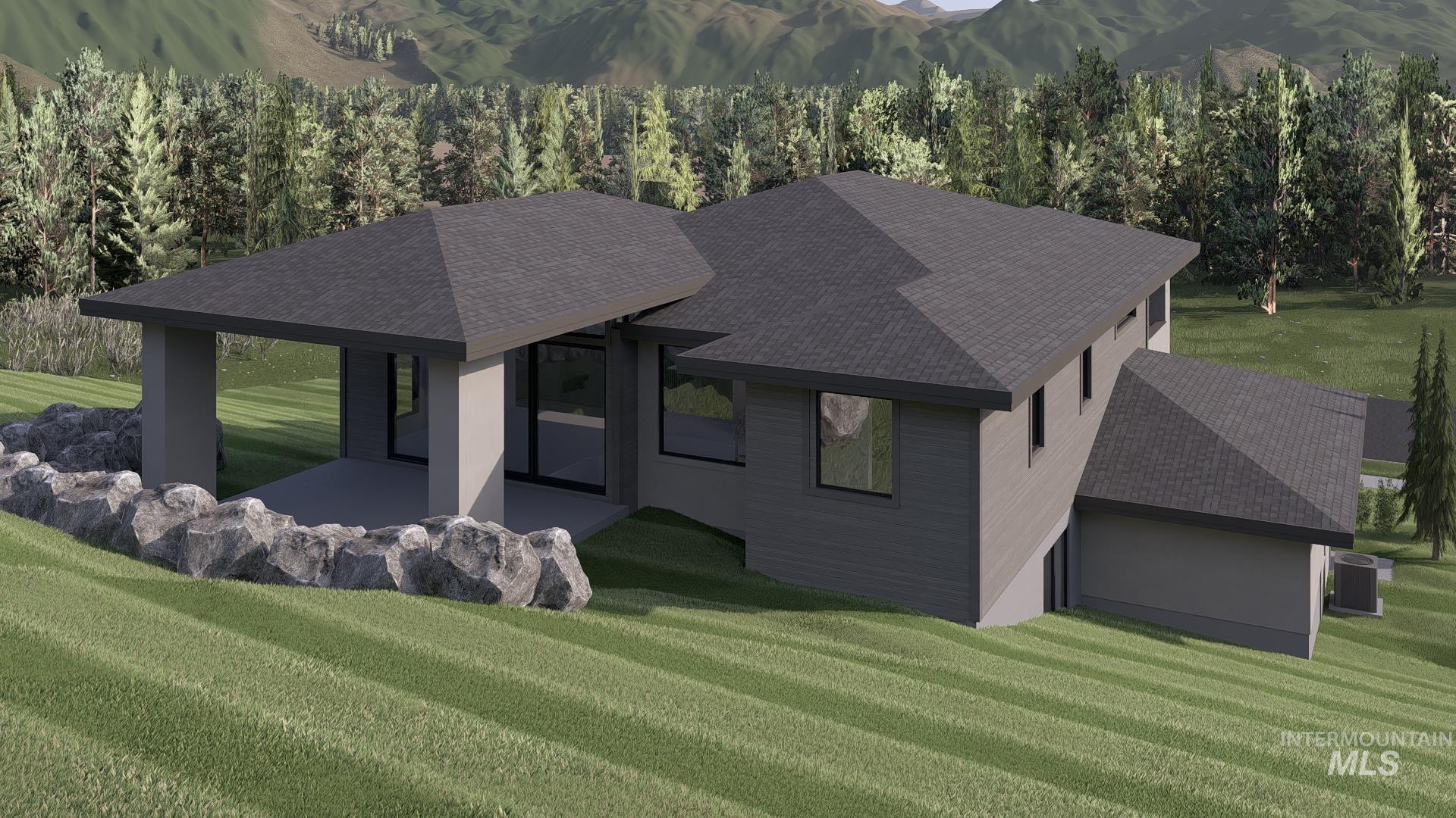 View of front of property with a front yard, roof with shingles, and a mountain view