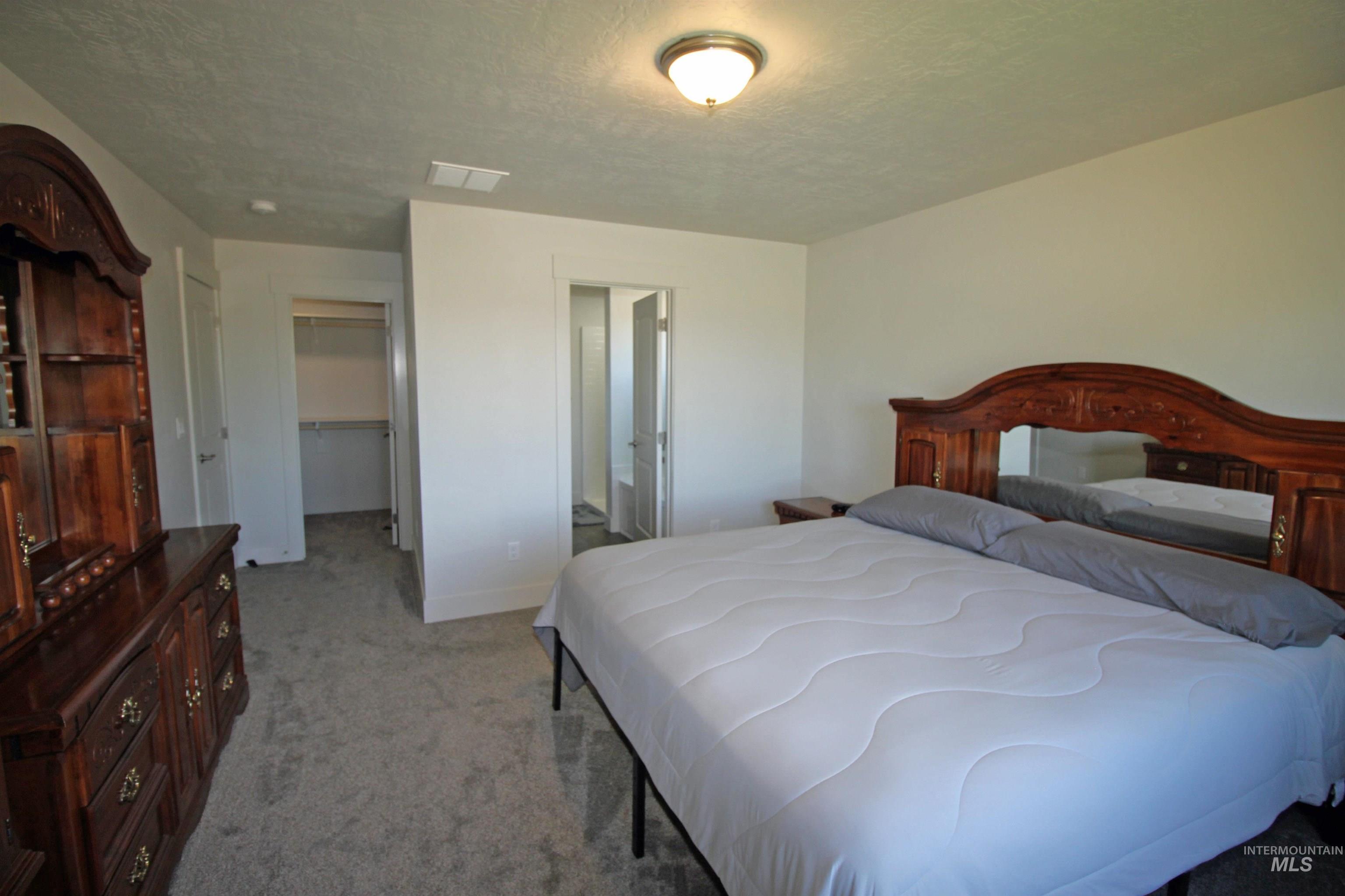 Bedroom with light colored carpet, a textured ceiling, a spacious closet, and connected bathroom