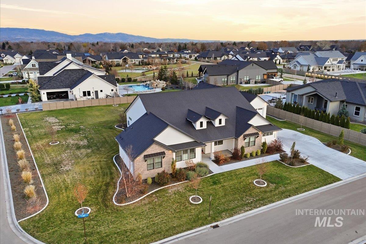 Aerial view at dusk of a residential view