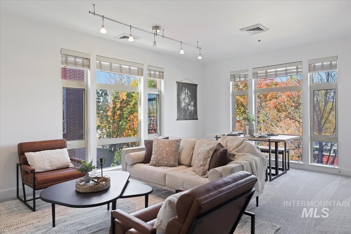 Carpeted living area featuring track lighting and baseboards