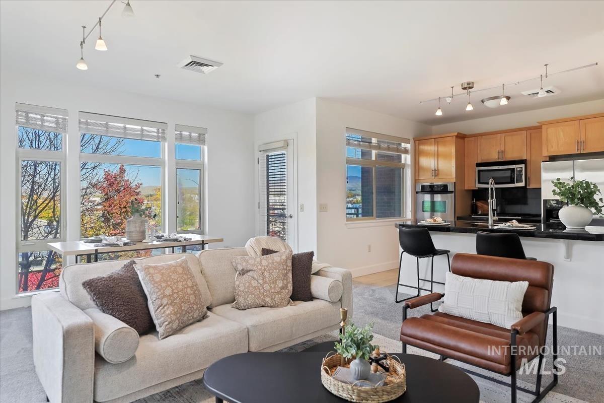 Living area with rail lighting and baseboards
