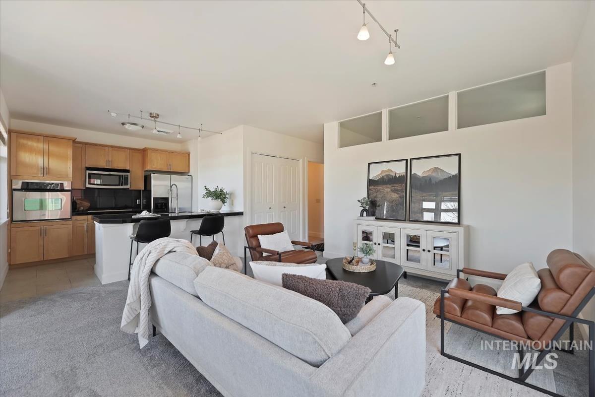 Living room featuring rail lighting, light tile patterned flooring, and light colored carpet