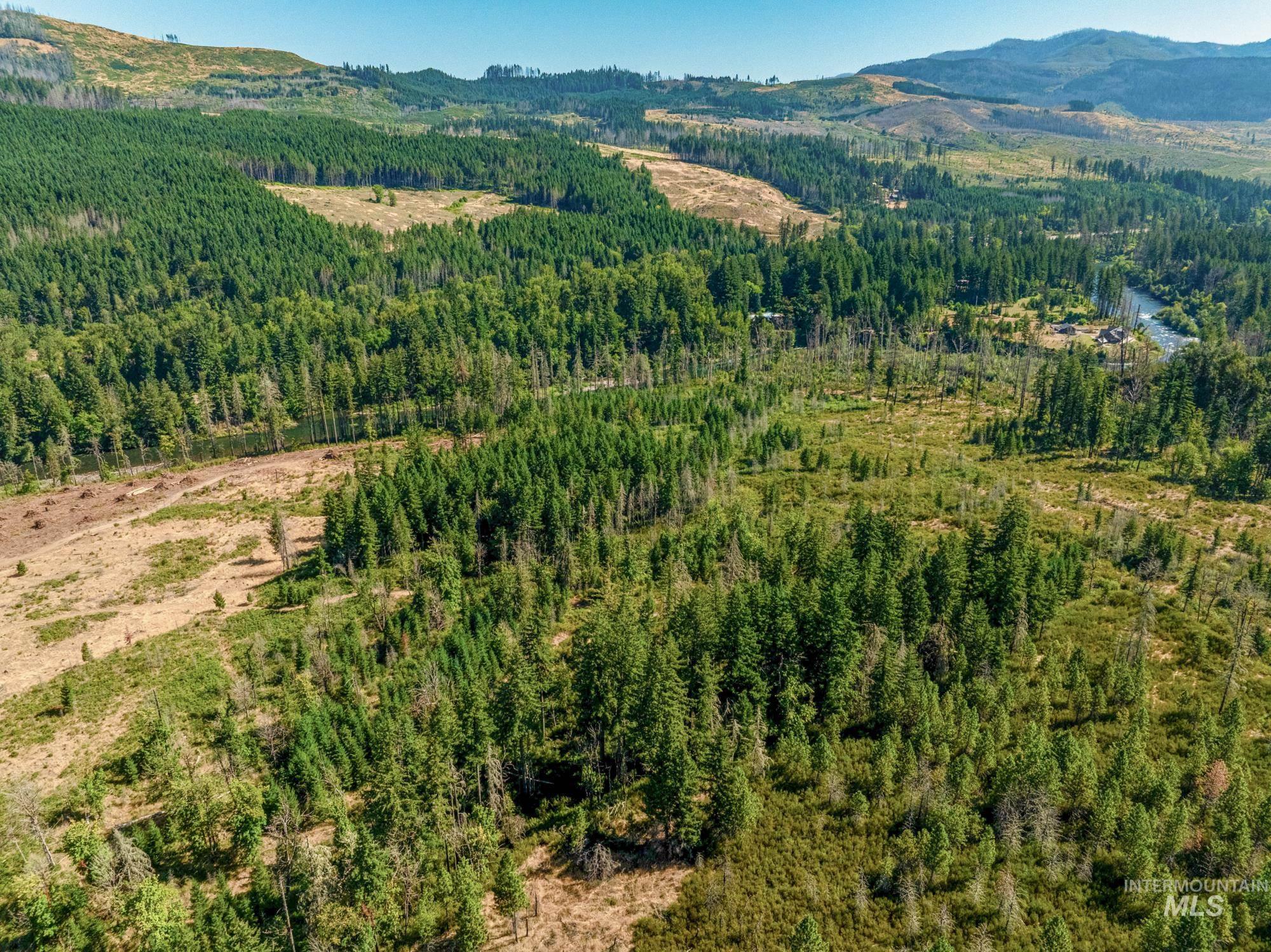 Aerial view of property and surrounding area with a mountainous background and a heavily wooded area