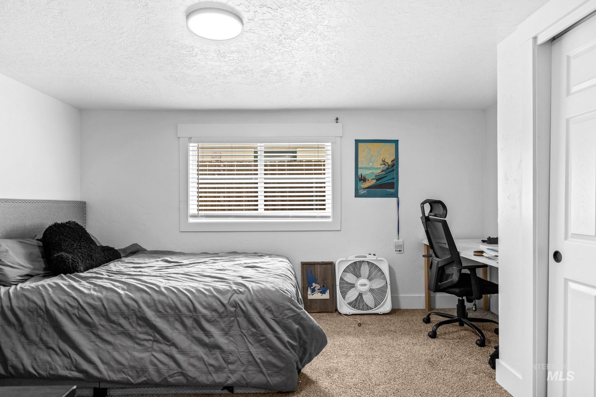 Carpeted room featuring a single window with blinds, white trim, a flush-mount ceiling light, and a white interior door