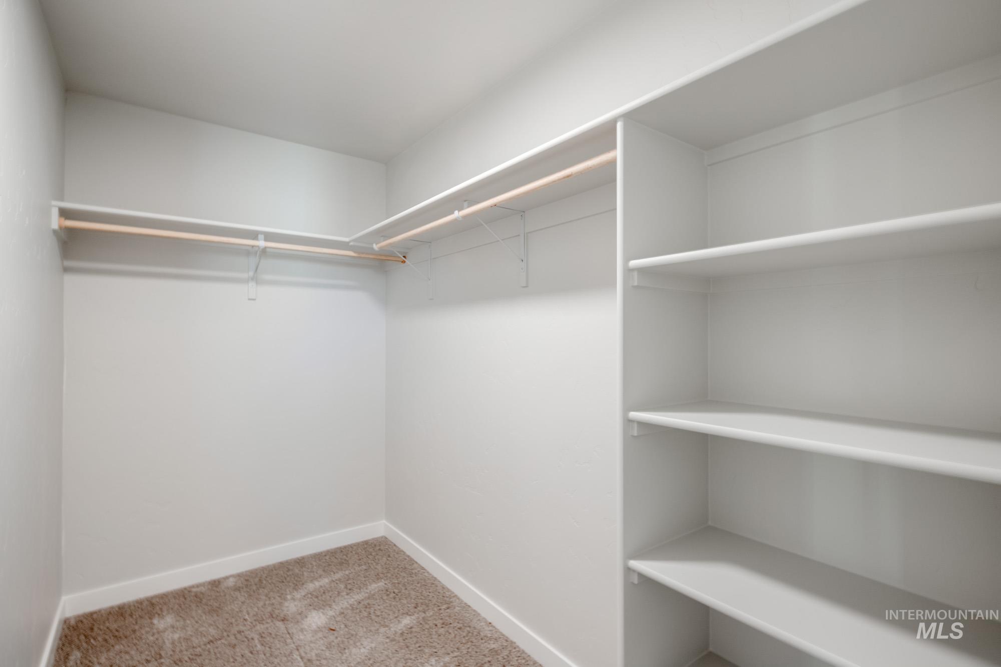 Spacious closet featuring light colored carpet