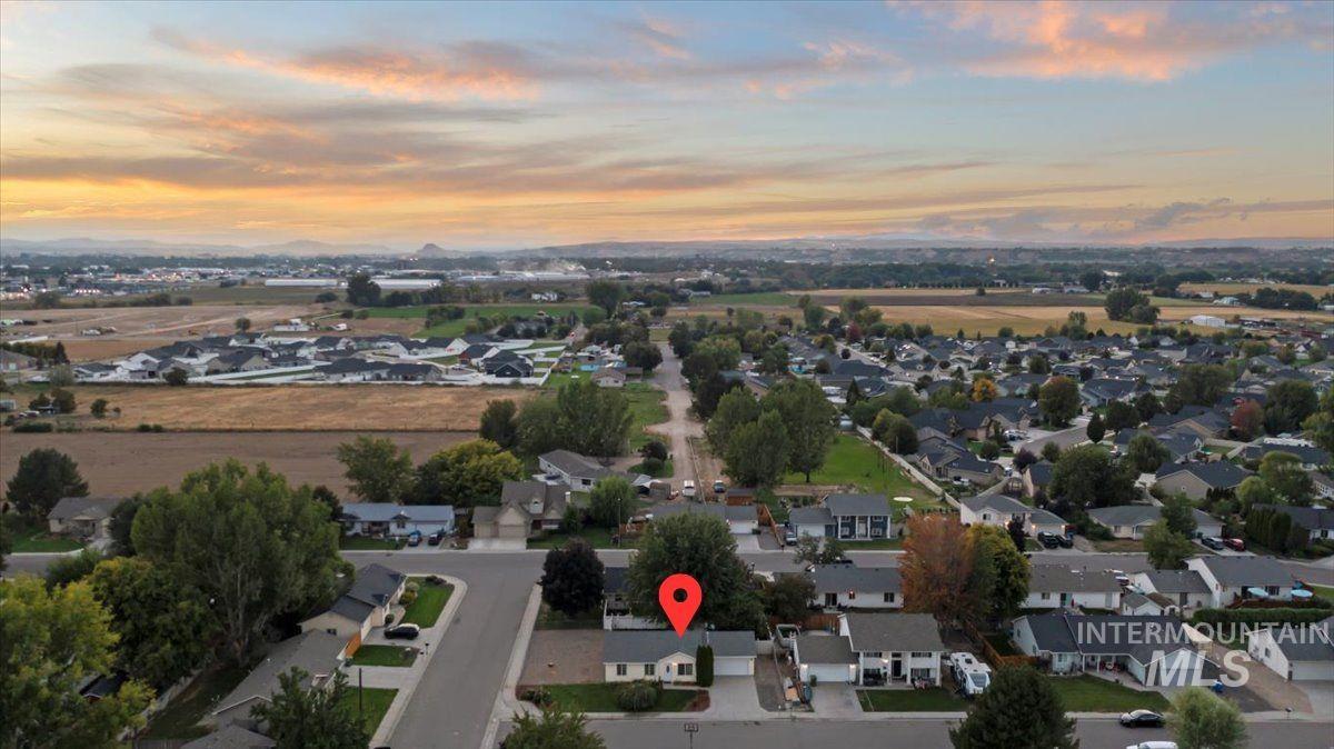 Aerial view at dusk of a residential view
