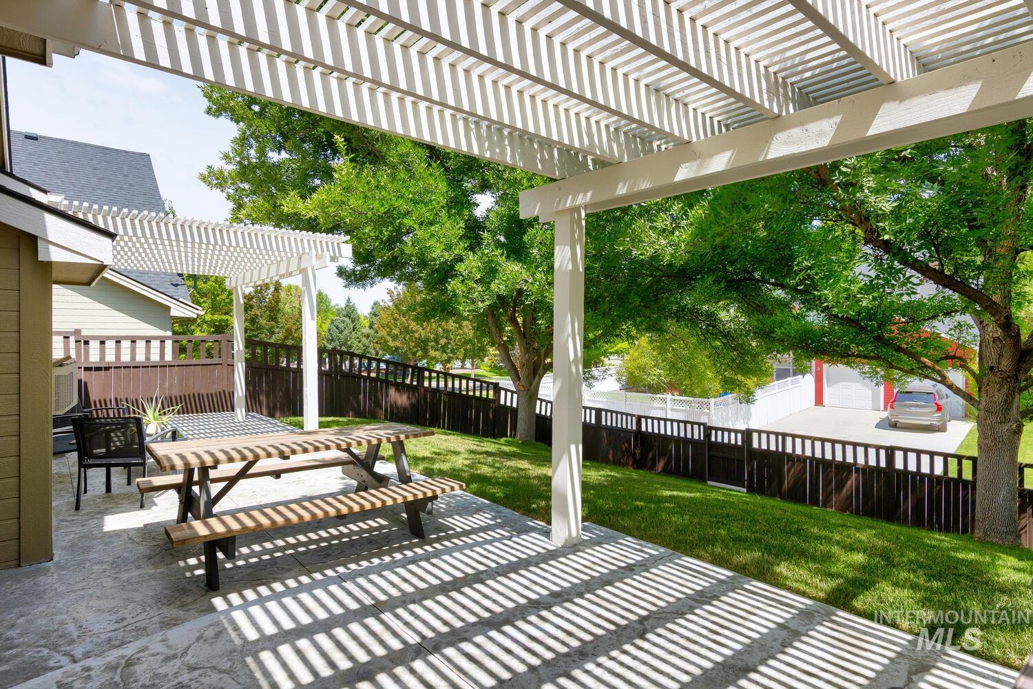 Fenced backyard featuring a pergola and a patio