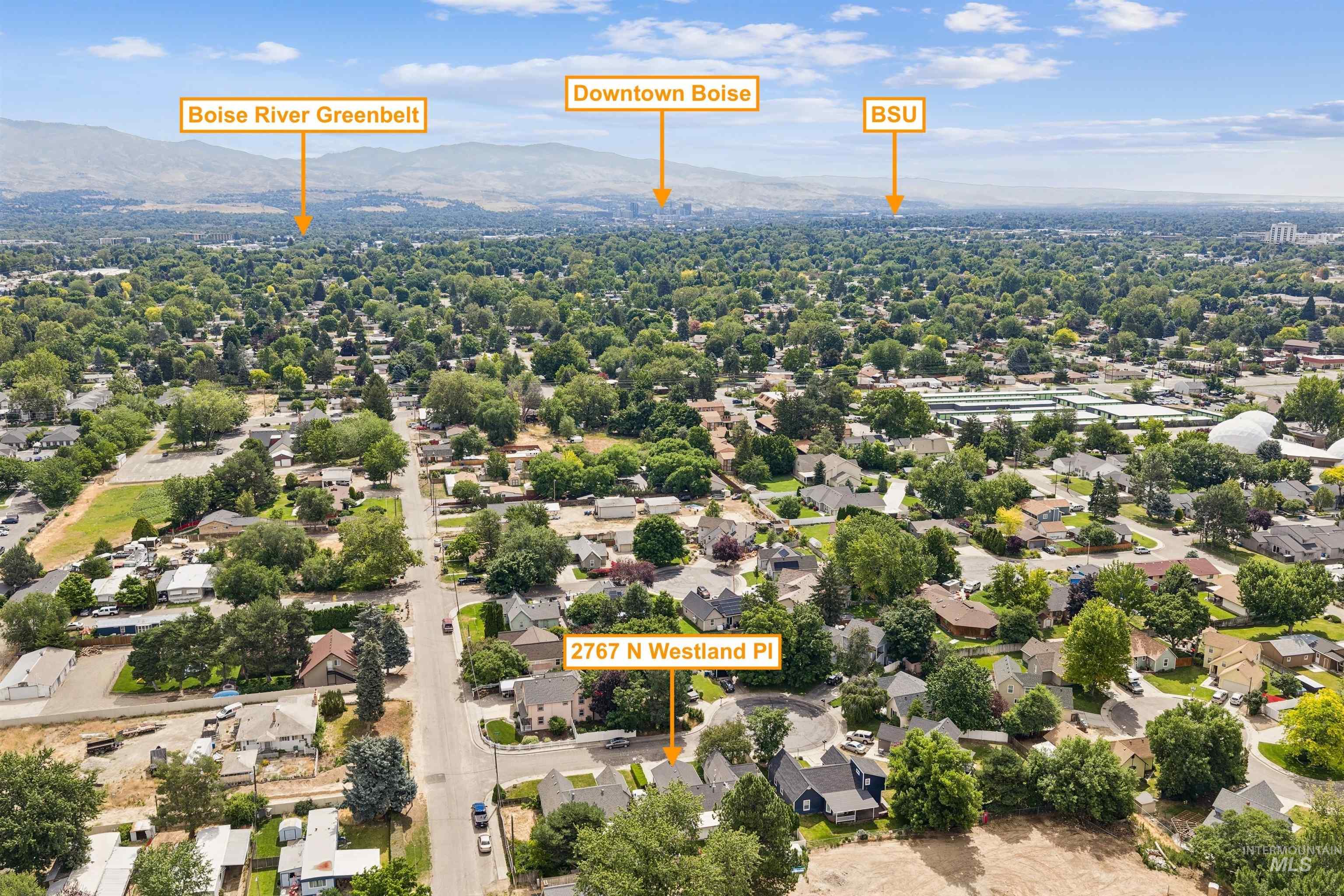 Aerial depiction of a residential neighborhood with distant mountain ranges