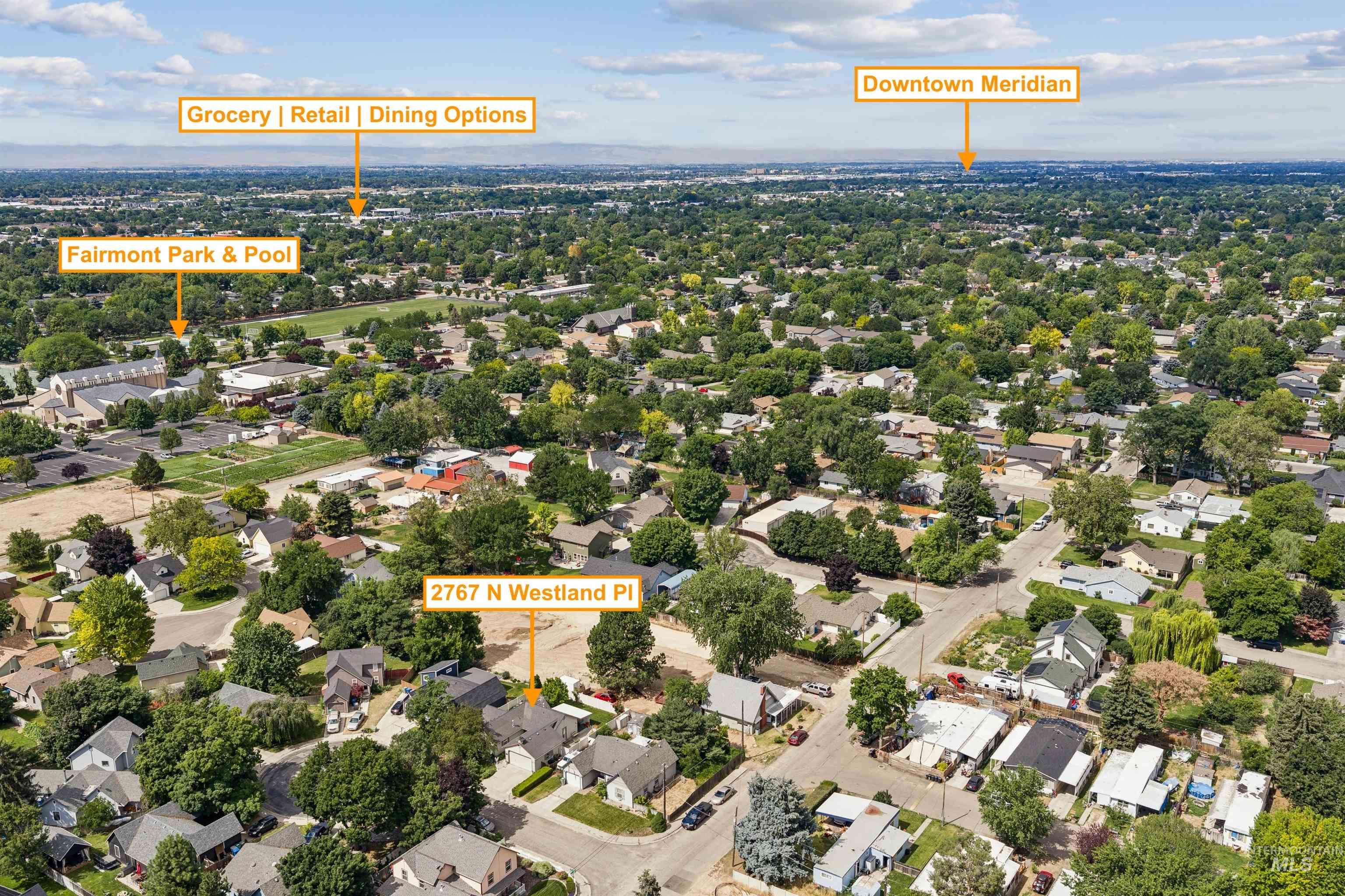 Aerial view showcasing a residential neighborhood with a dense tree canopy