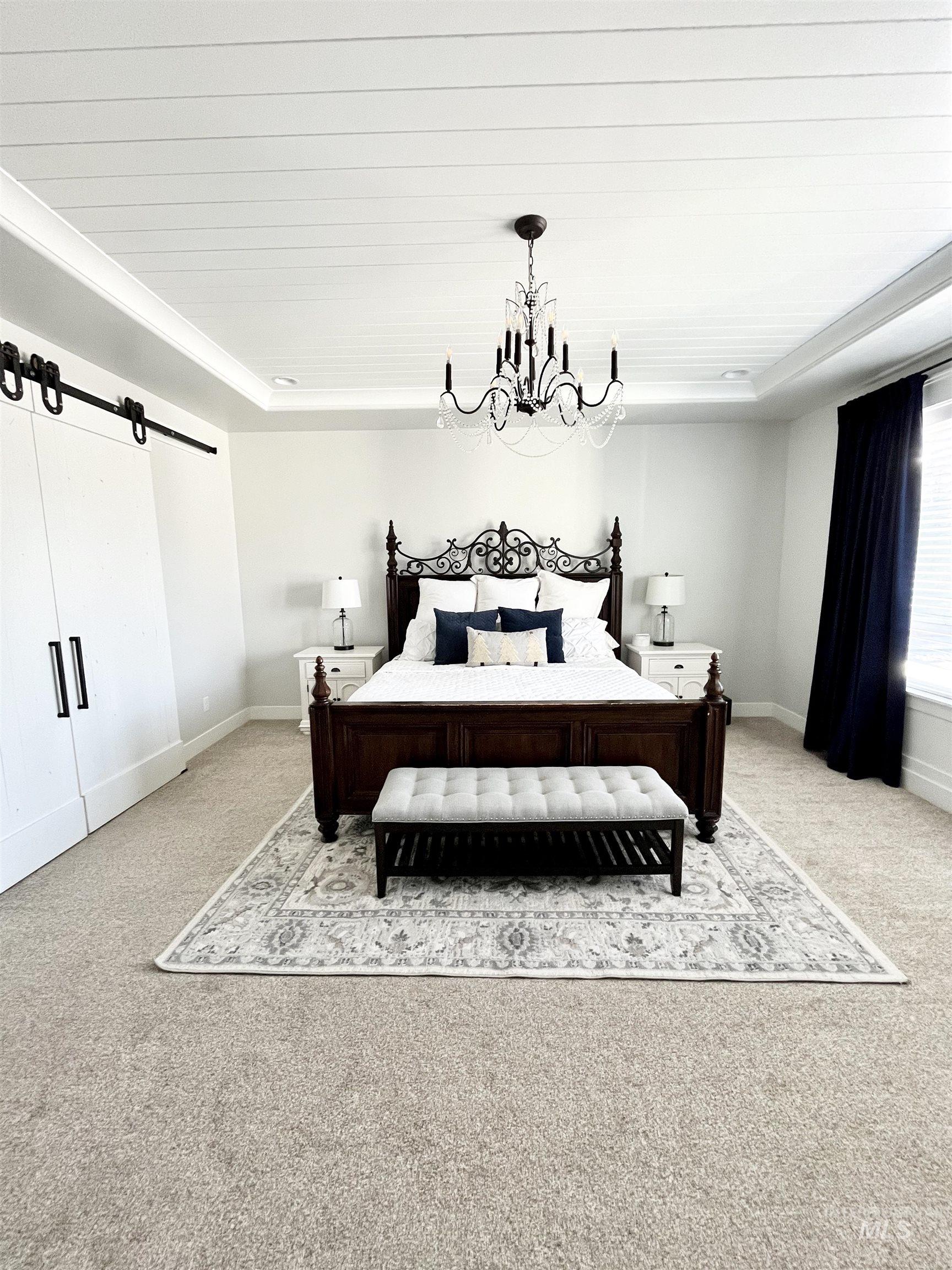 Carpeted bedroom with a tray ceiling and a barn door