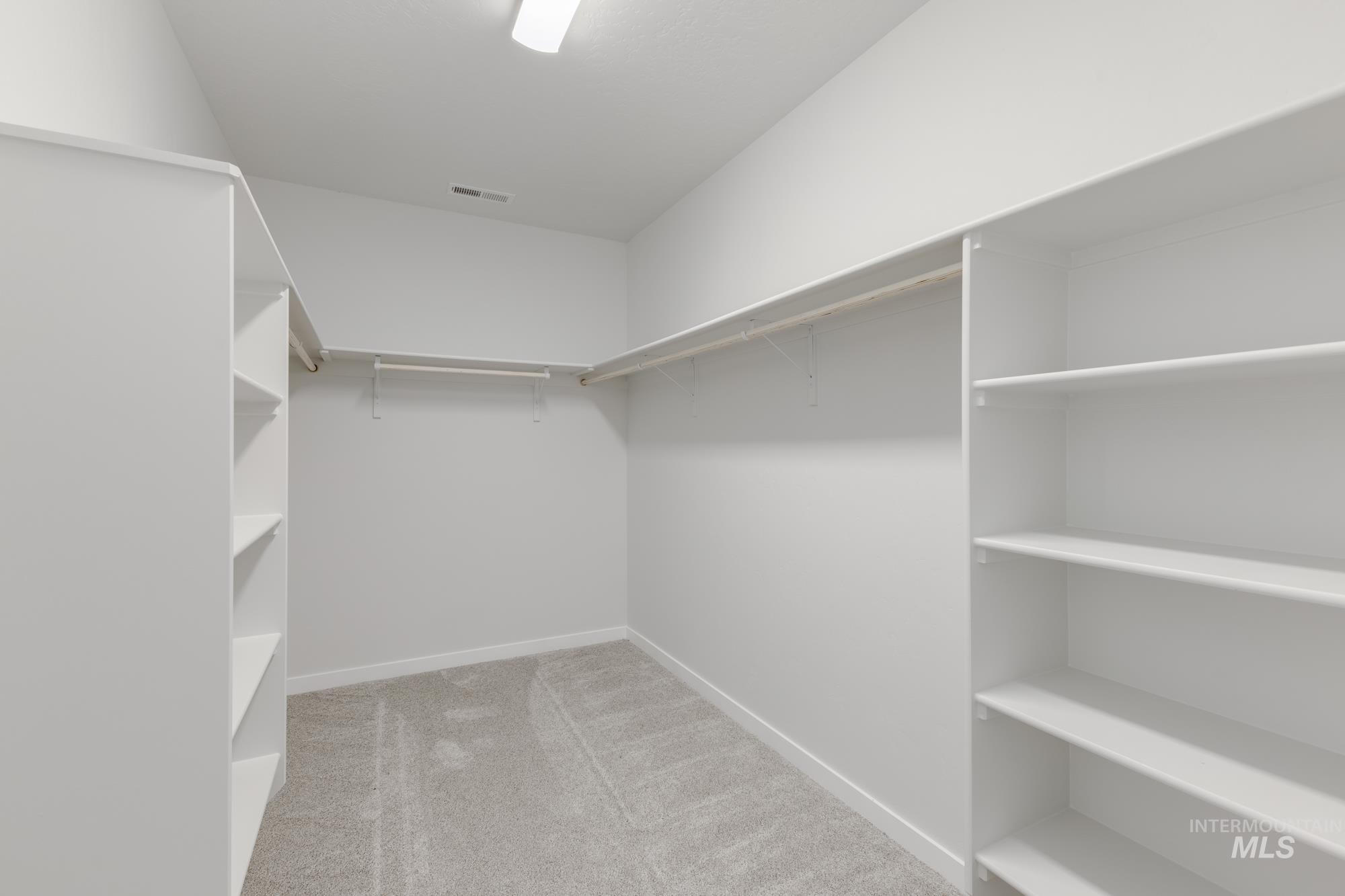 Walk in closet with light carpet