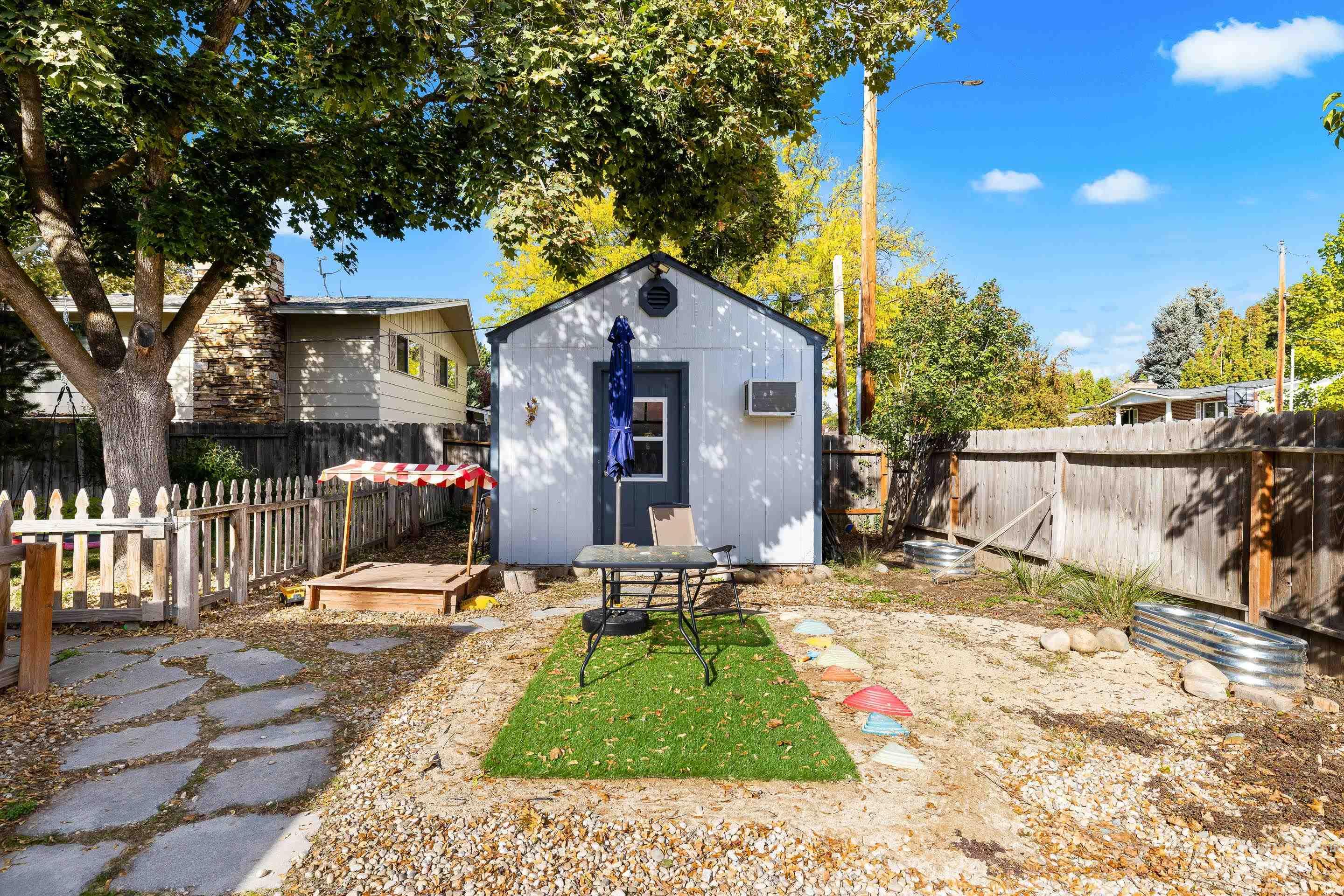 View of shed featuring a fenced backyard