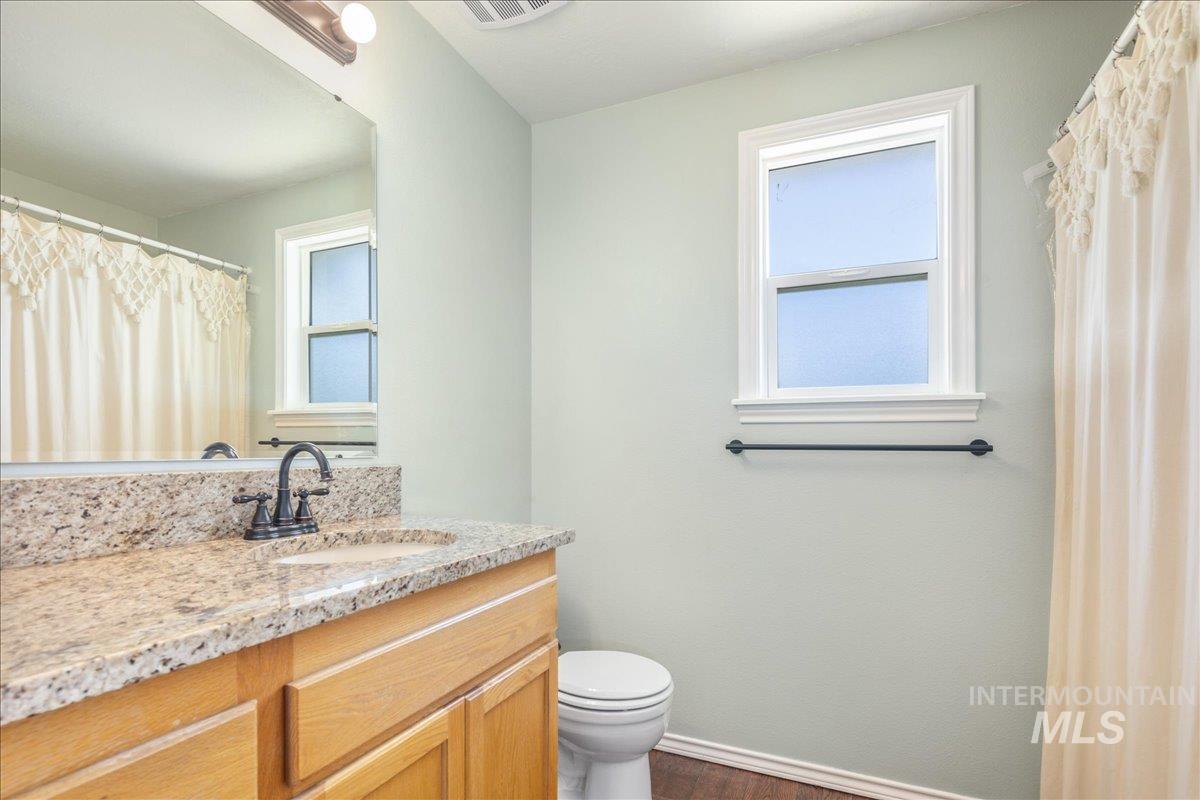 Full bath with vanity, plenty of natural light, dark wood-style floors, and curtained shower