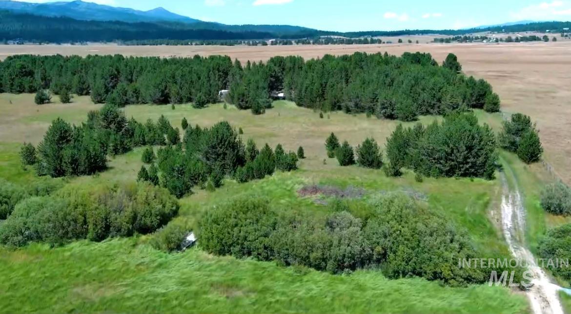 Aerial view of sparsely populated area featuring a heavily wooded area