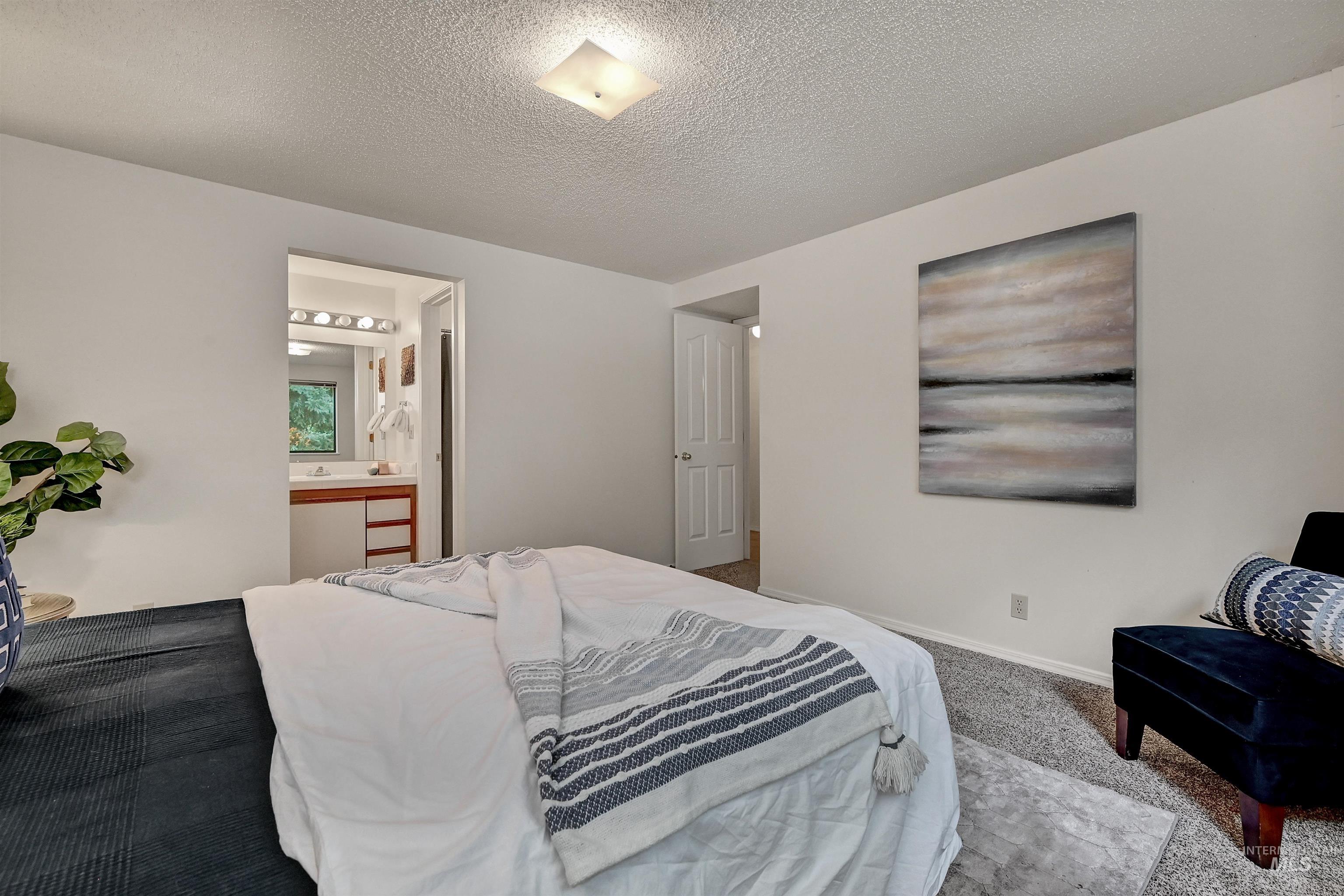 Carpeted bedroom with a textured ceiling and connected bathroom