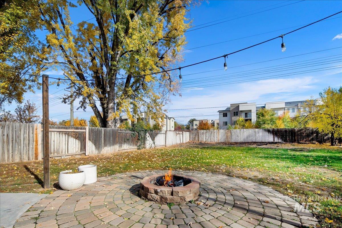 Fenced backyard with a patio area and an outdoor fire pit