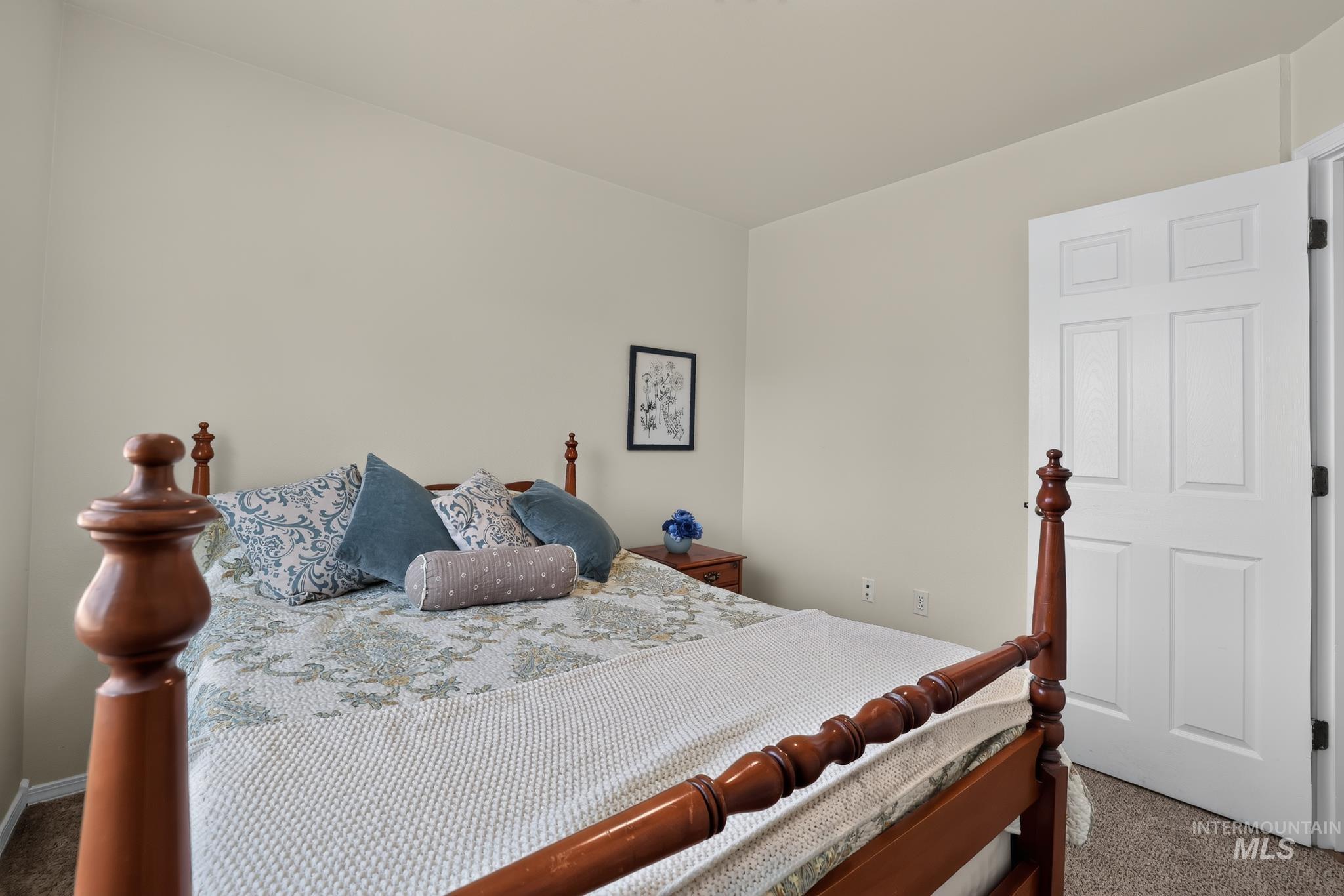 Carpeted bedroom featuring neutral wall paint, a white paneled door, and a wooden bed frame