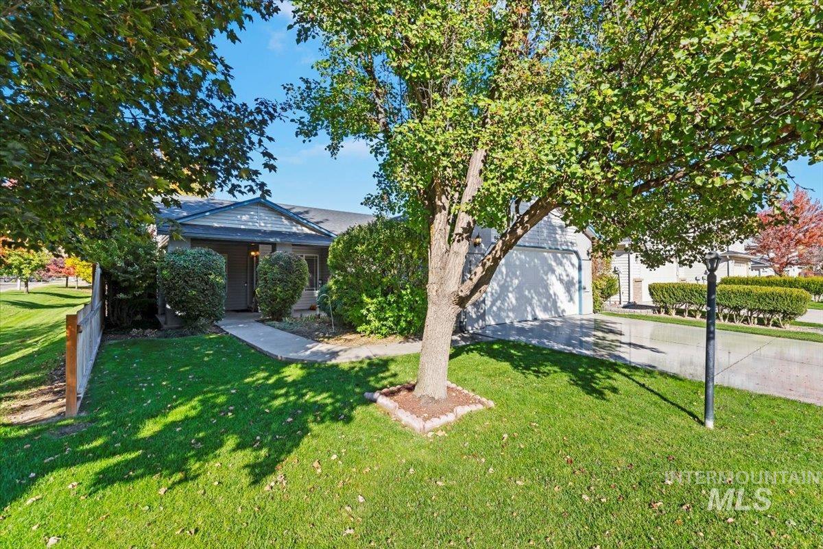 View of property hidden behind natural elements with driveway, a garage, and a front lawn