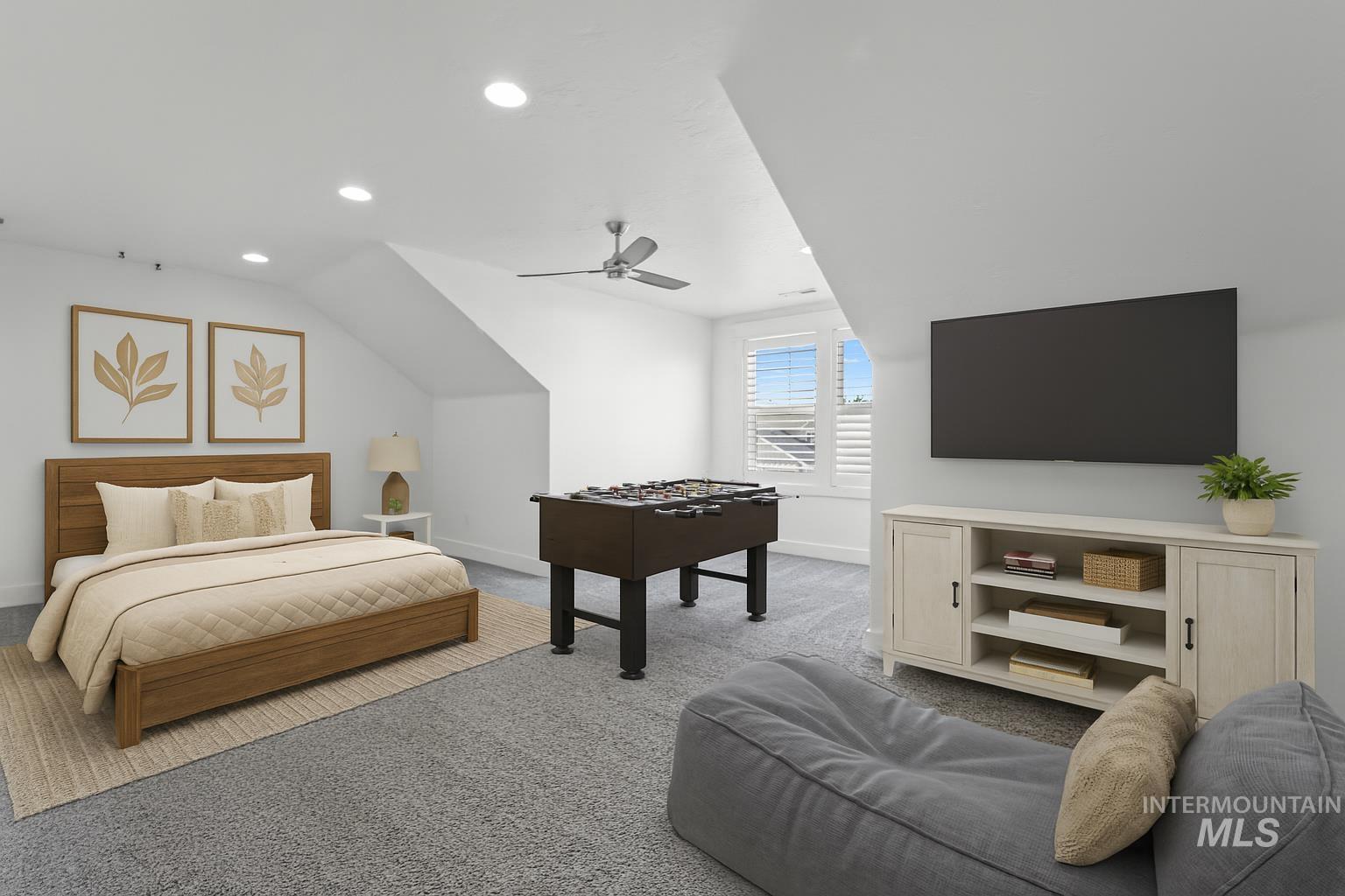 Bedroom featuring carpet flooring, recessed lighting, lofted ceiling, and a ceiling fan