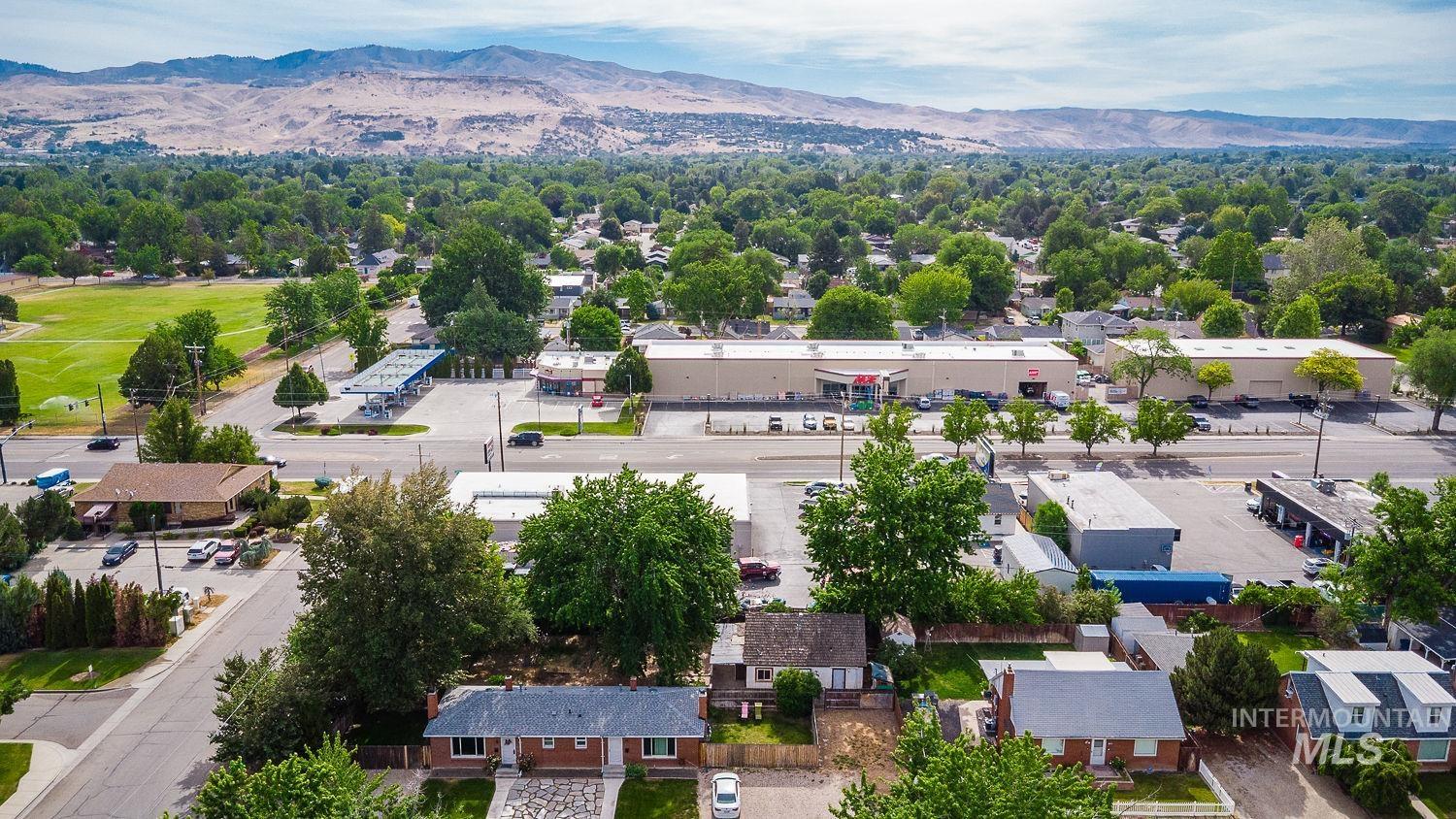 Residential neighborhood with abundant mature trees and a distant mountain backdrop