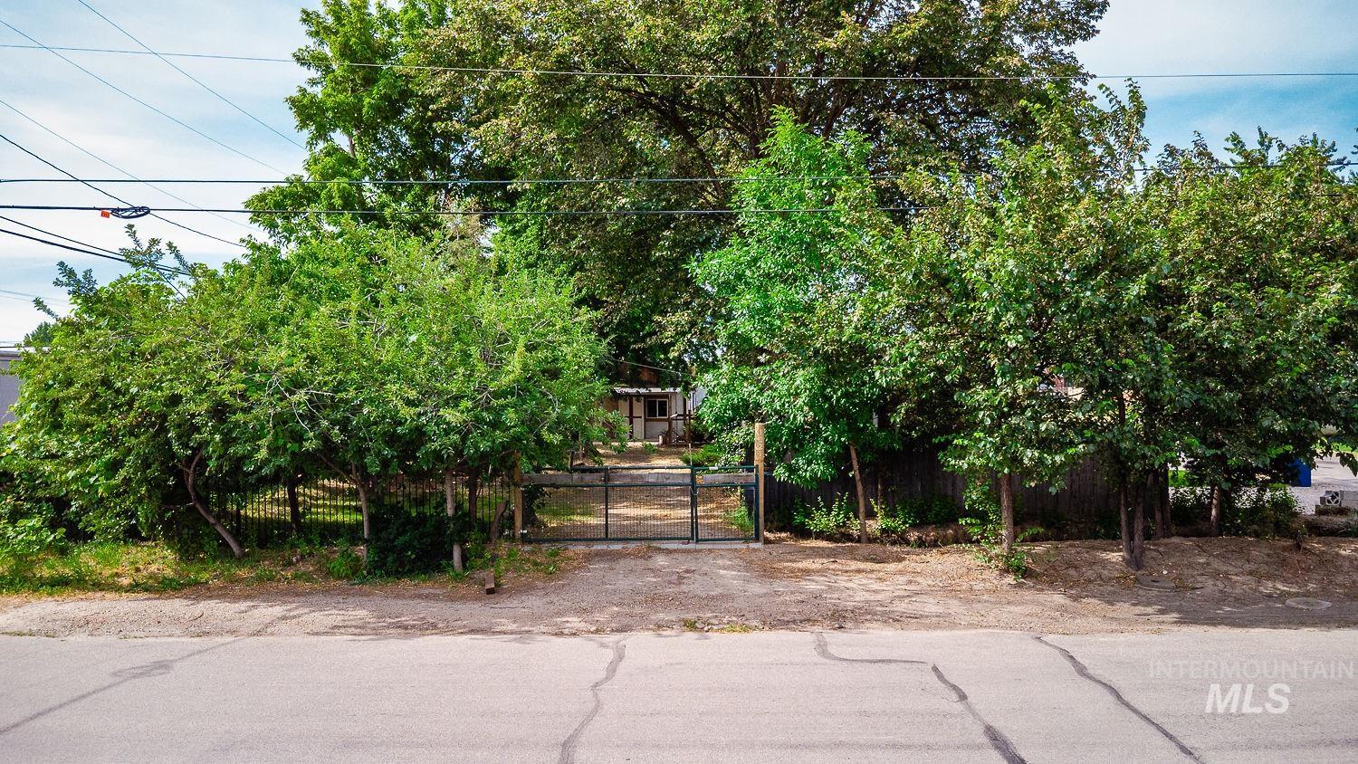 Gated property entrance with mature trees and established landscaping