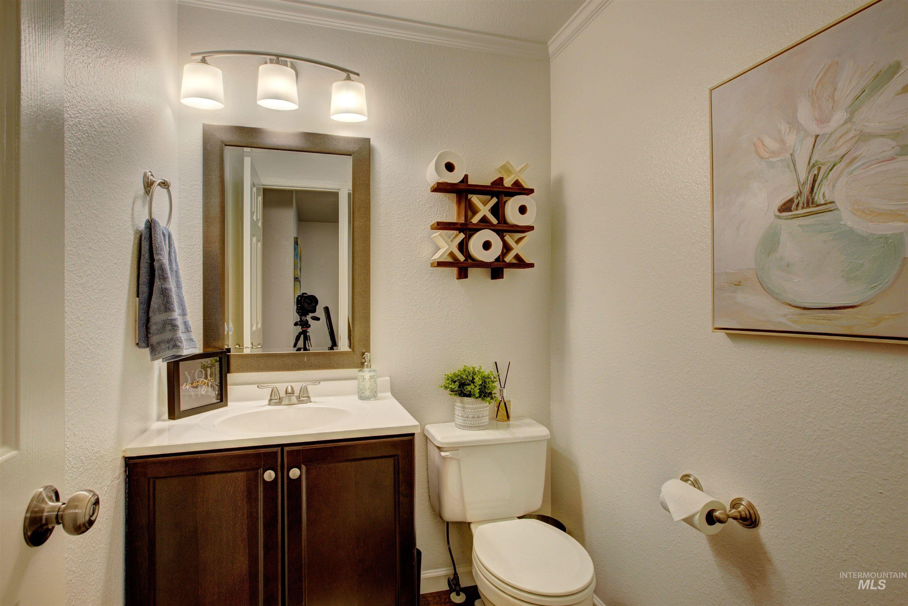 Bathroom featuring vanity and crown molding