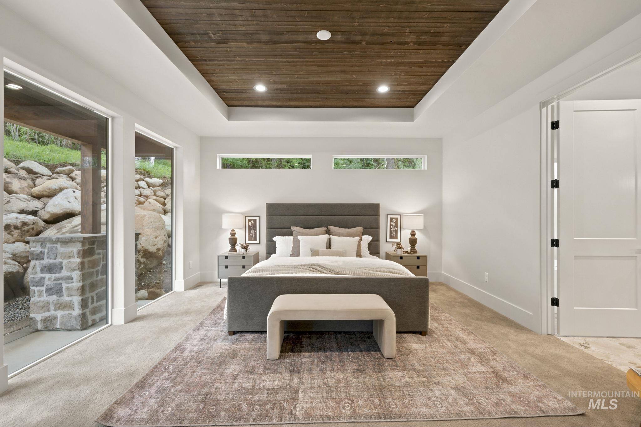 Recessed wood-finish ceiling paneling with integrated lighting - Primary Second Floor