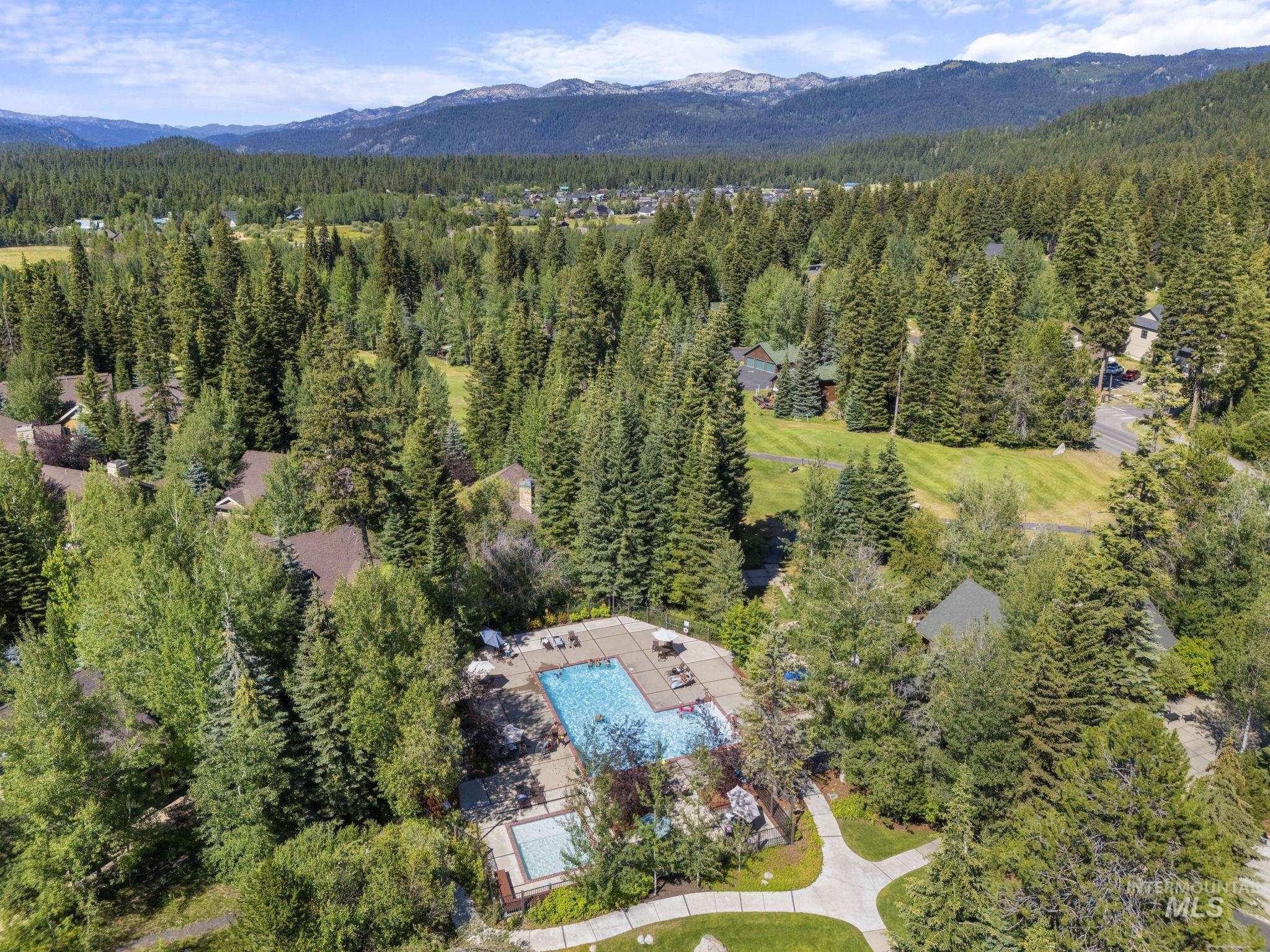 Community pool and spa area surrounded by mature evergreen trees