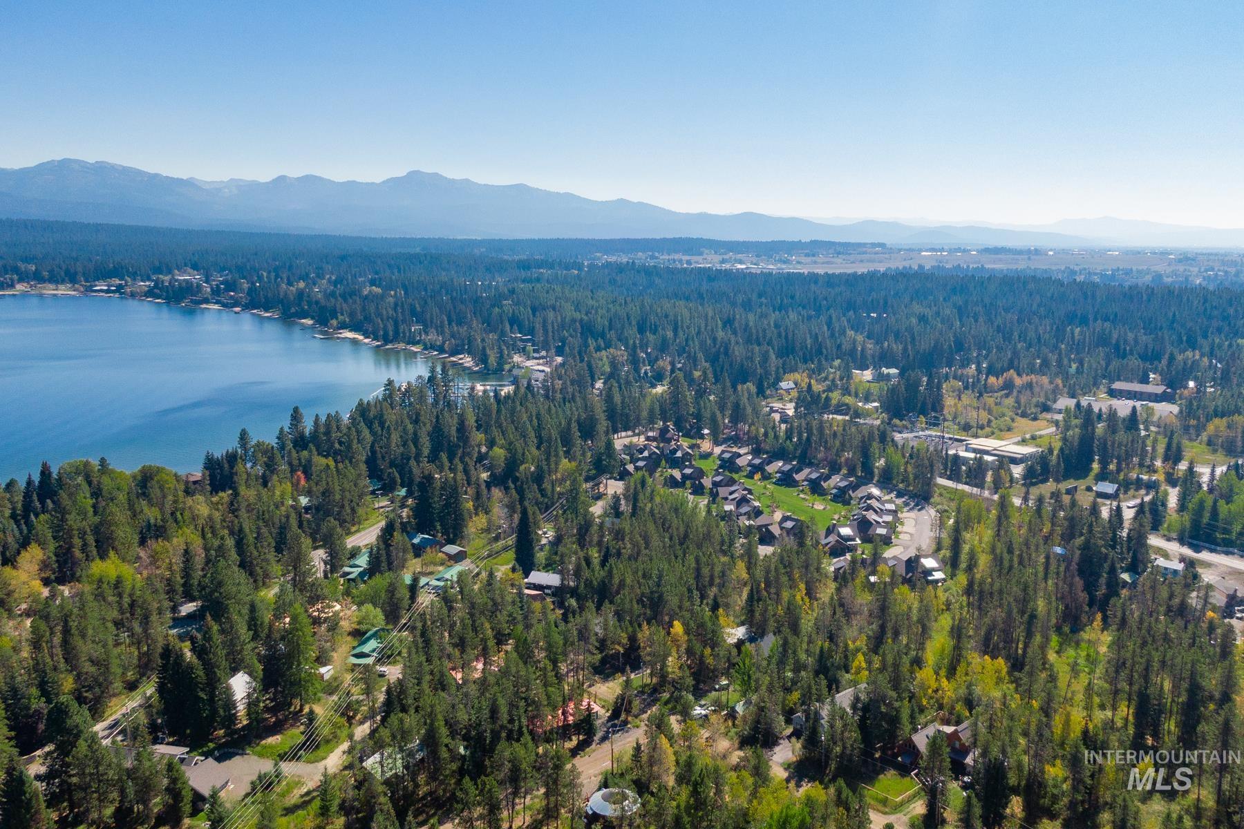 Aerial view of property's location featuring a water and mountain view and a forest