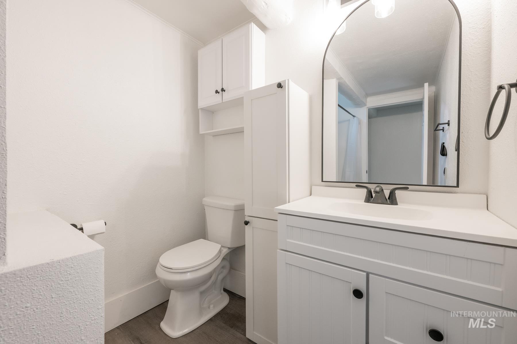 Bathroom featuring vanity and dark wood-style flooring