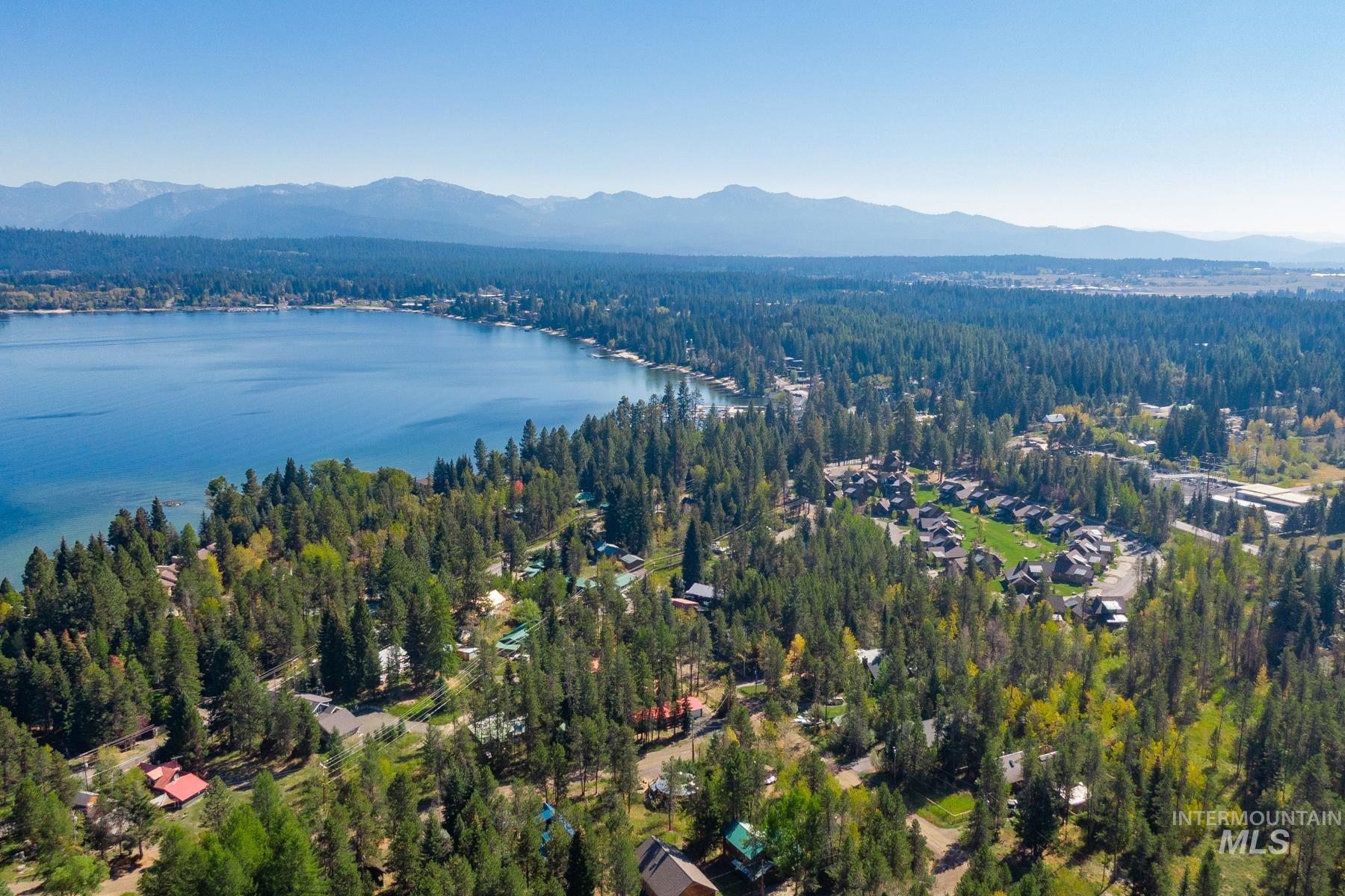 Aerial overview of property's location with a water and mountain view and a forest