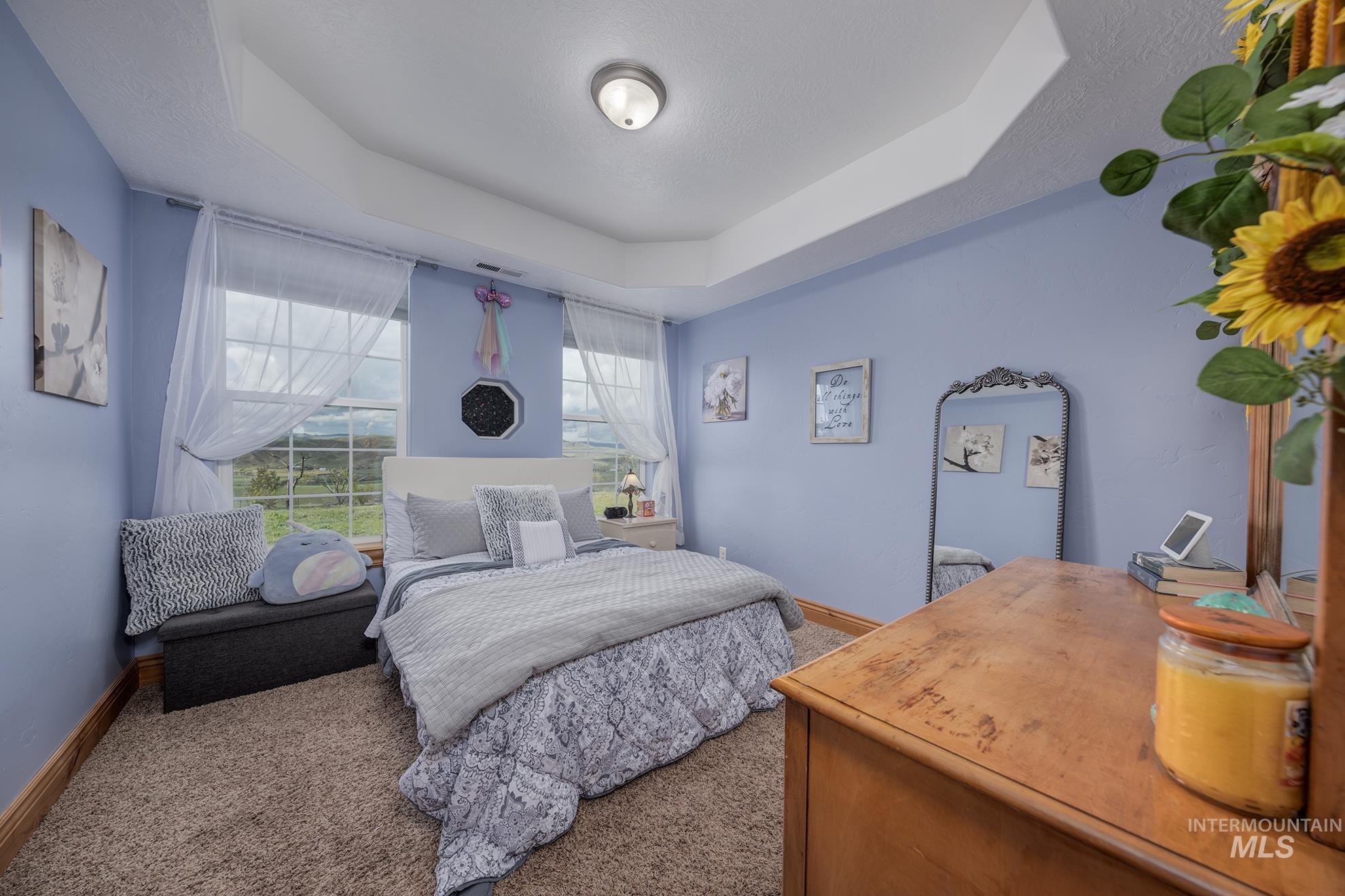 Bedroom with a raised ceiling and carpet