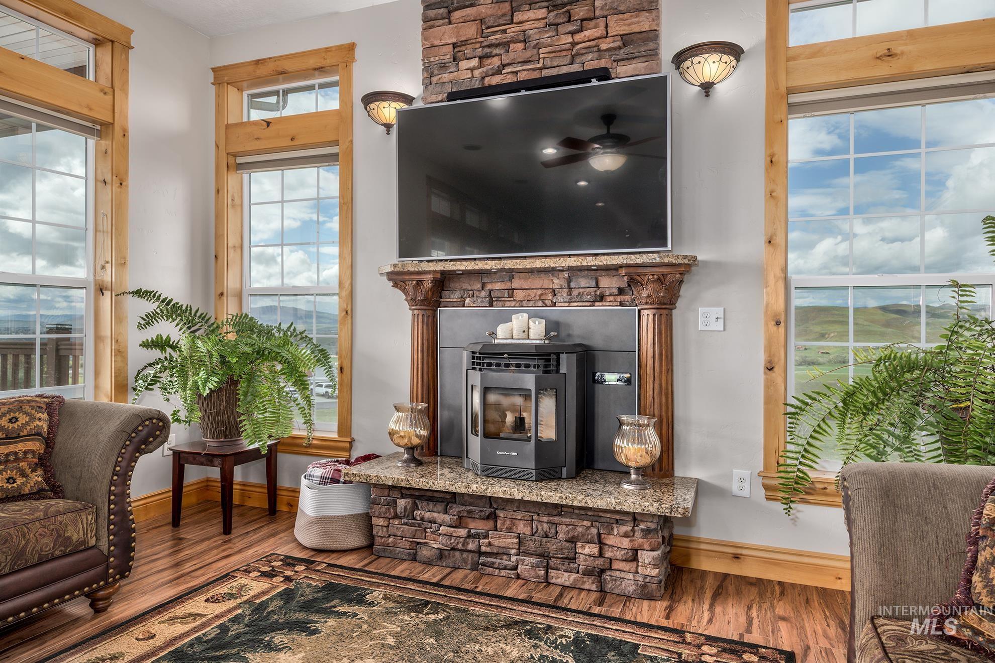Fireplace and view.