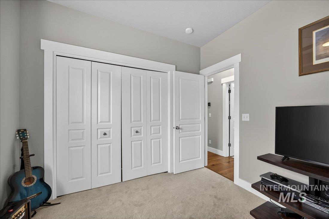 Downstairs Bedroom featuring carpet floors and a closet