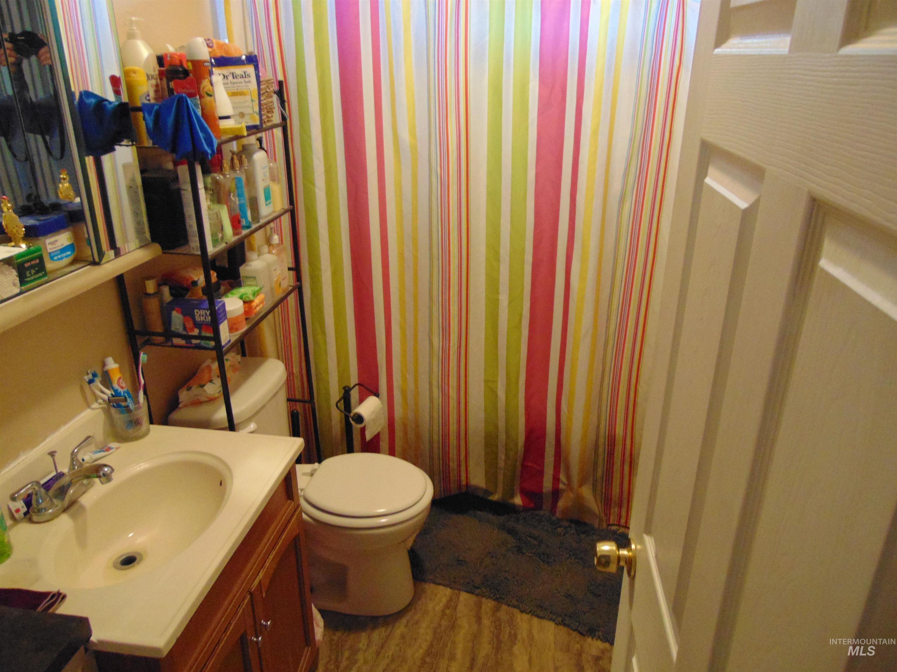 Bathroom featuring vanity, dark wood-type flooring, and a shower with shower curtain