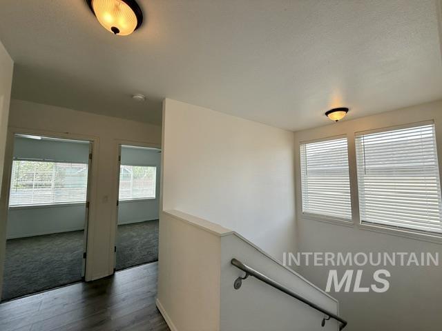 Interior hallway featuring wood-finish flooring, two bedrooms with carpet, and multiple windows with blinds