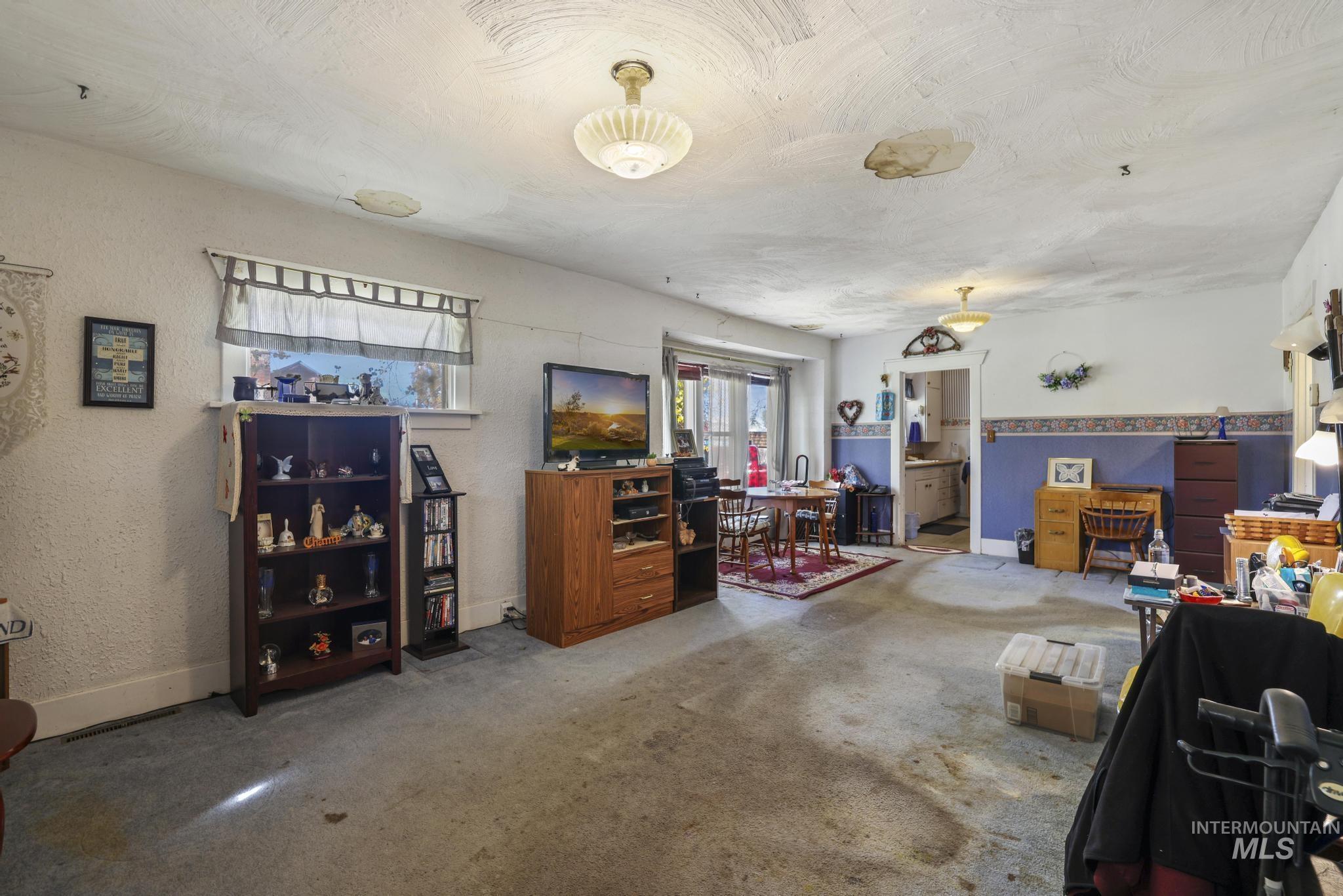 Carpeted living room with a textured wall