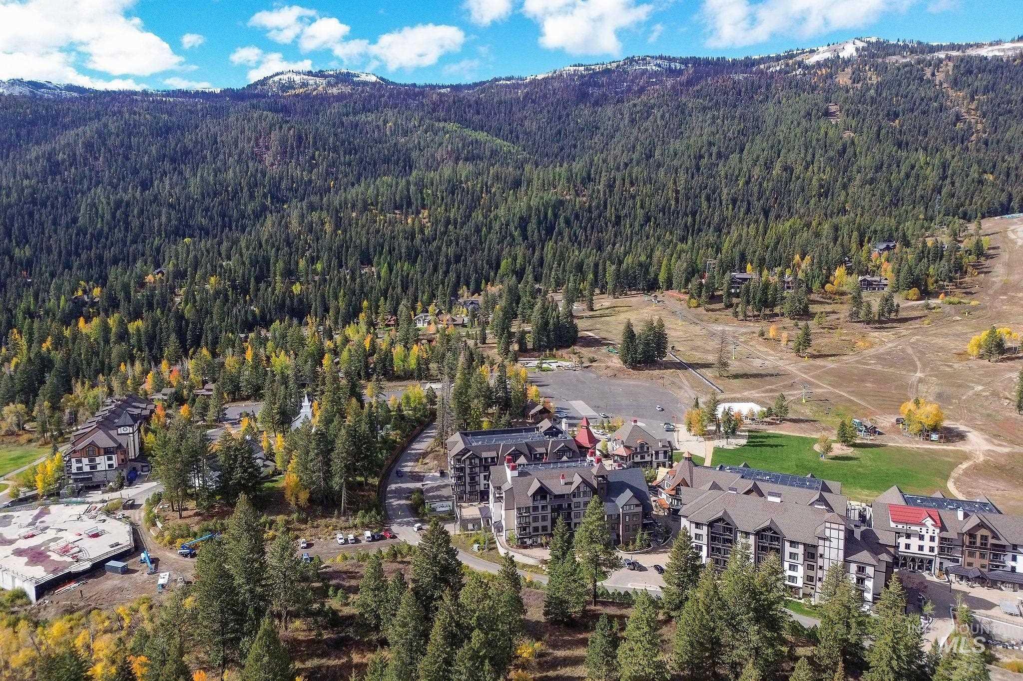 Aerial view of property and surrounding area featuring mountains and a heavily wooded area