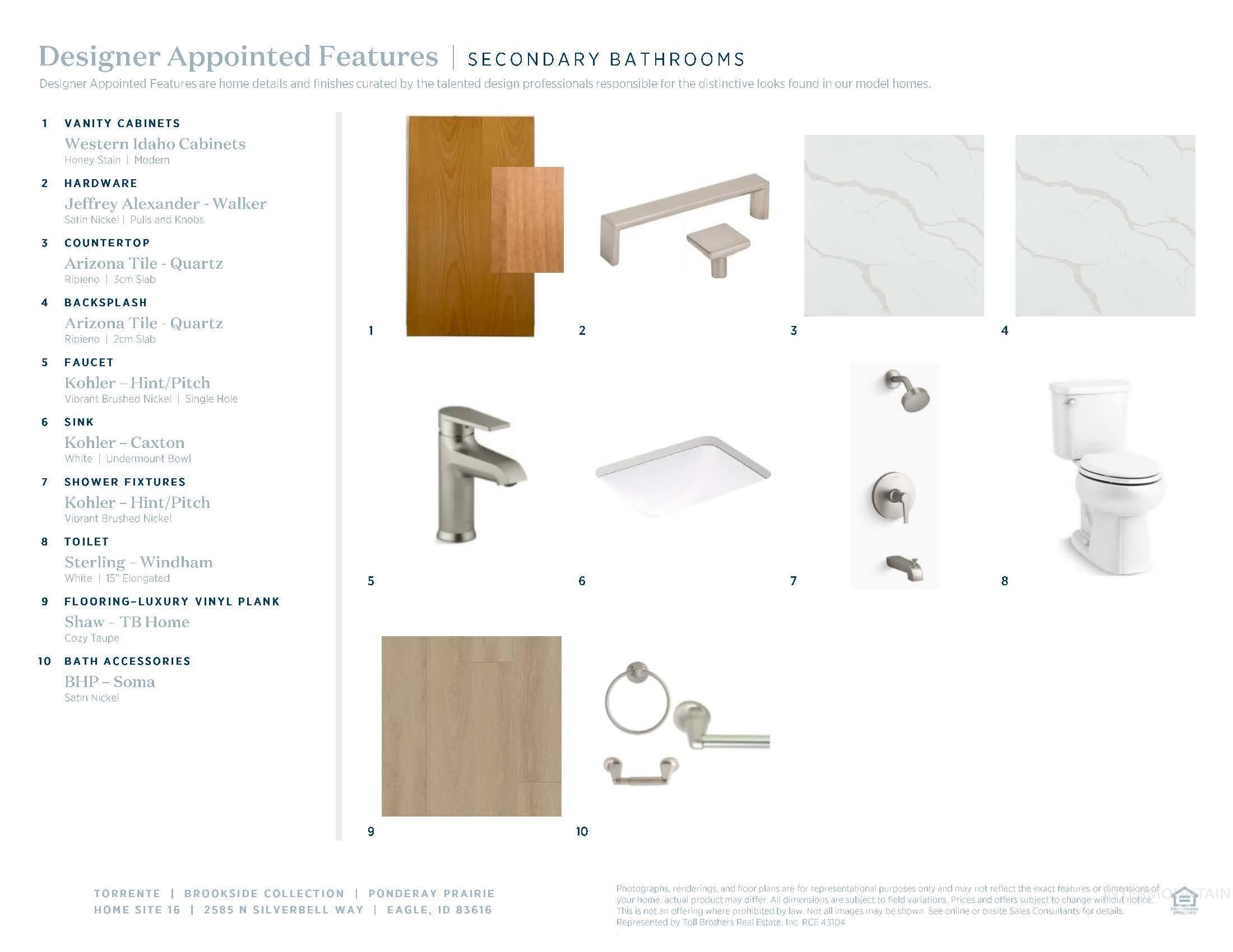 Designer Appointed Features. Detailing specific components and materials for secondary bathrooms within the property