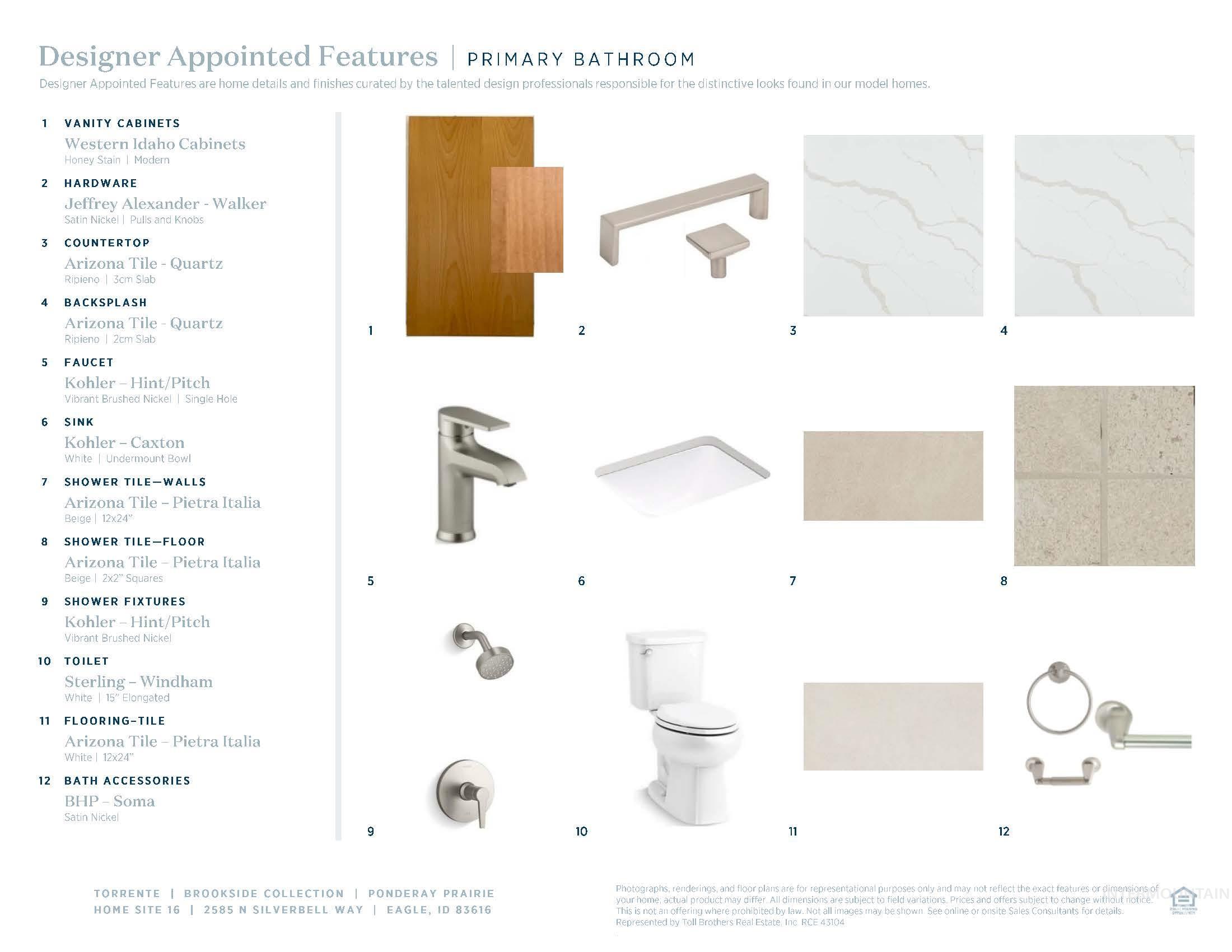 Designer Appointed Features, Primary Bathroom. Detailing specific product selections and design elements for the property's primary bathroom