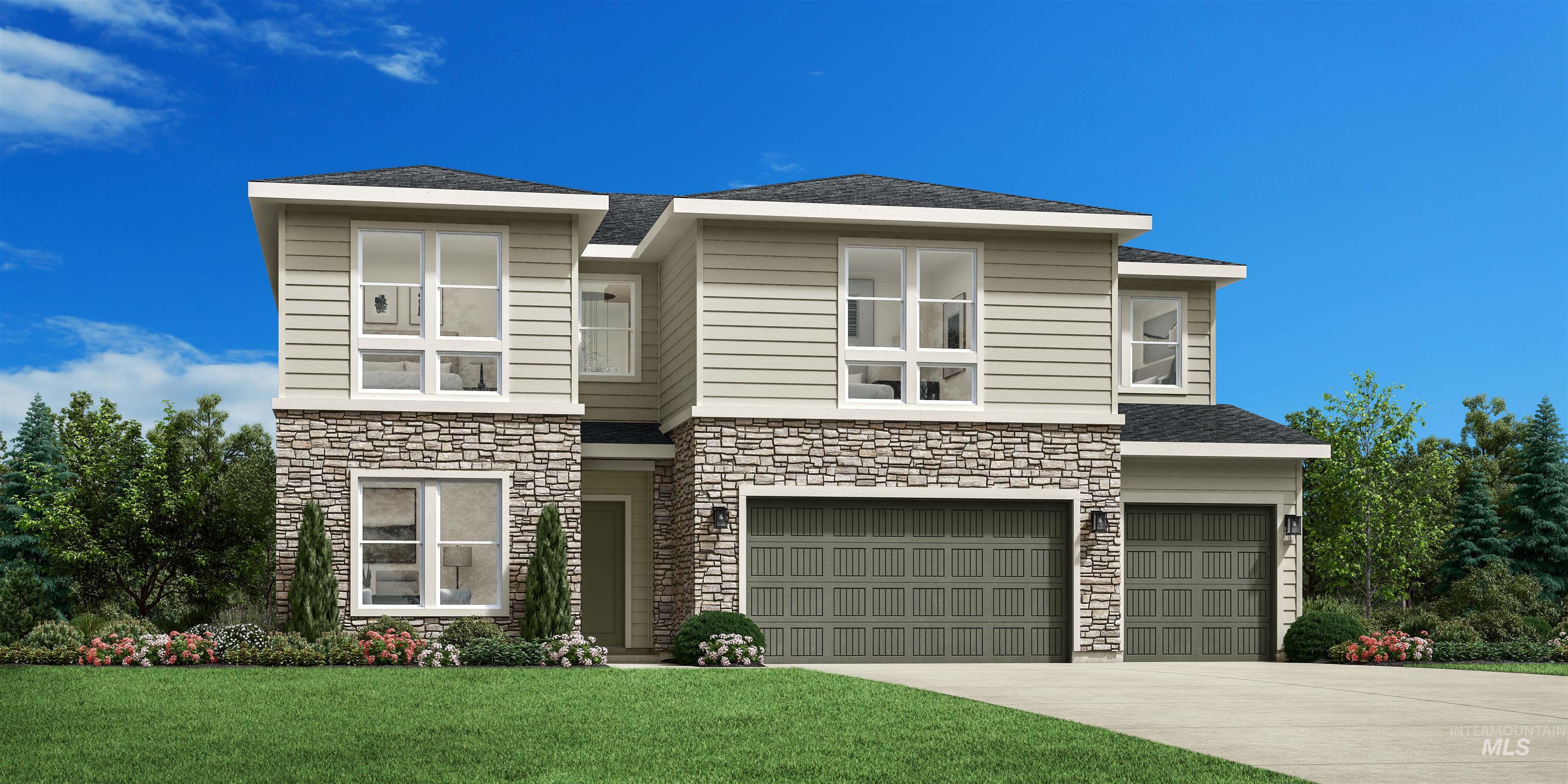View of front of property featuring an attached garage, stone siding, a front lawn, driveway, and a shingled roof