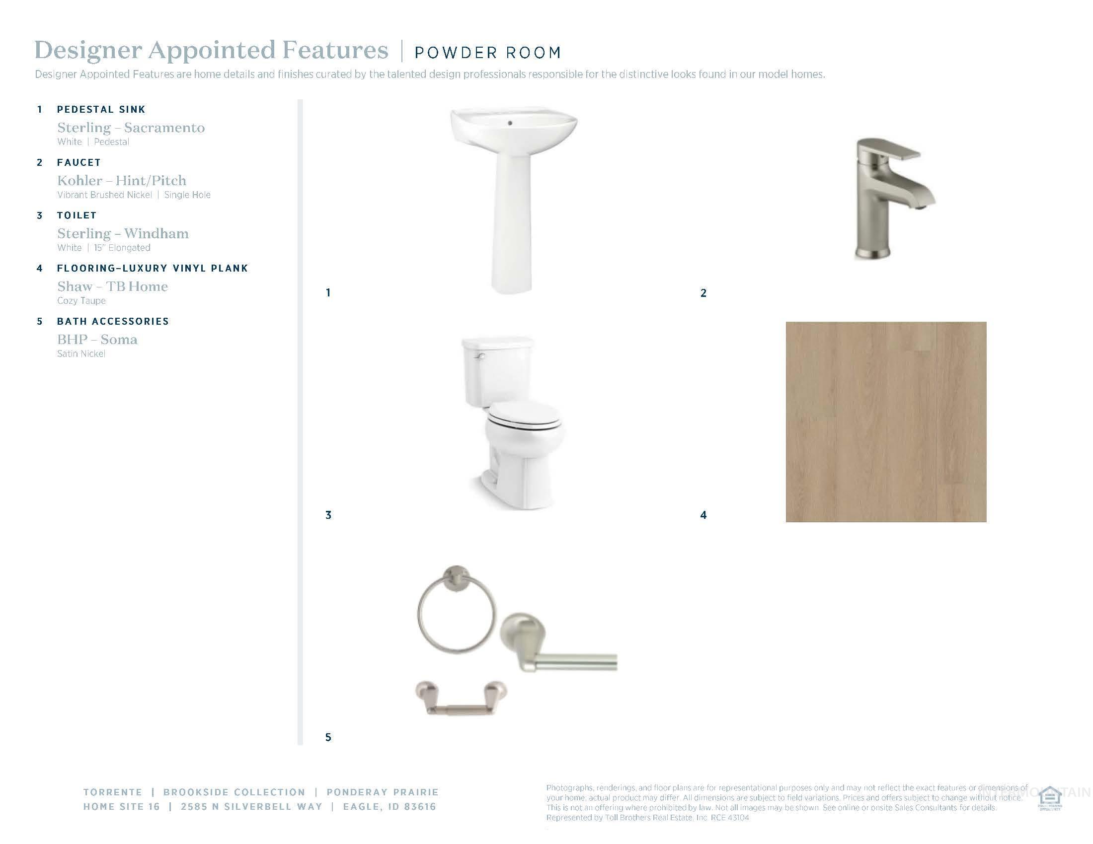 Designer Appointed Features, Powder Room. Detailing specific components and finishes for the property's powder room