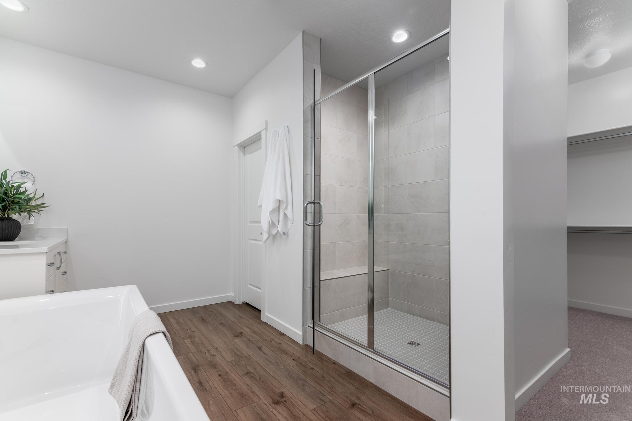 Bathroom with vanity, a stall shower, dark wood-style flooring, a spacious closet, and recessed lighting