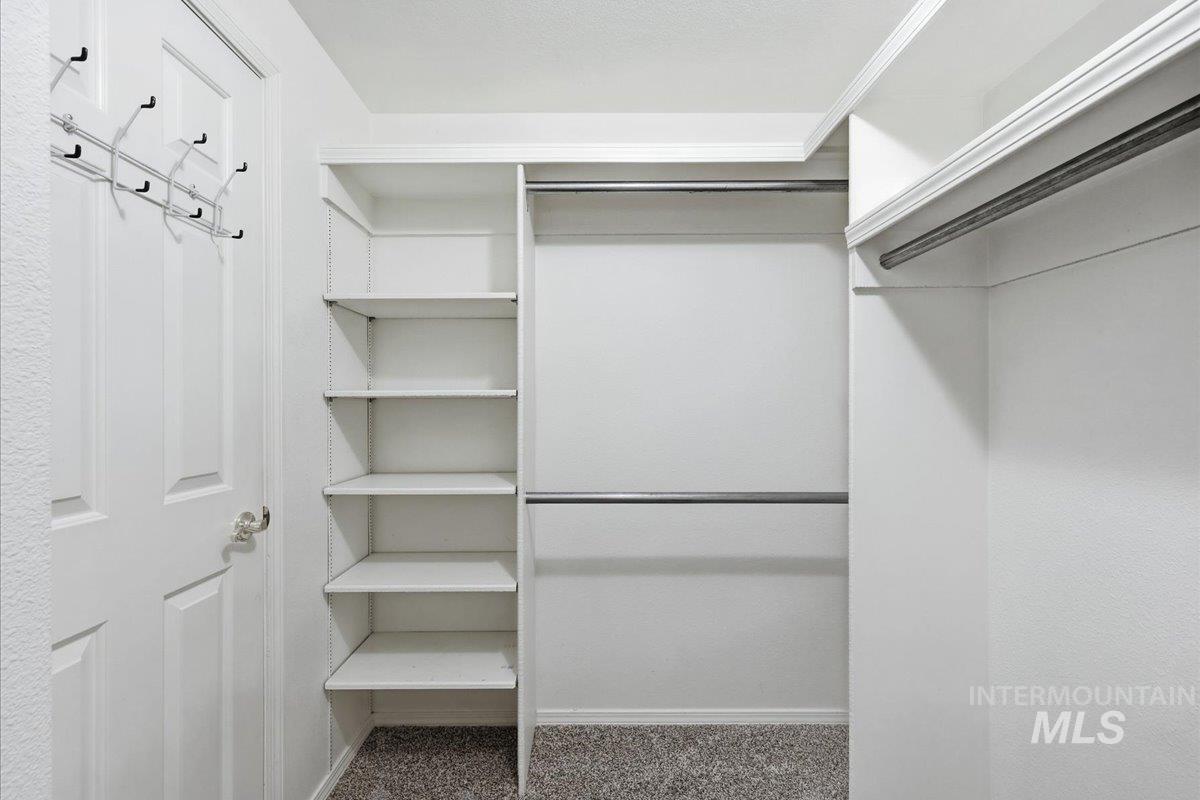 Spacious closet with dark colored carpet